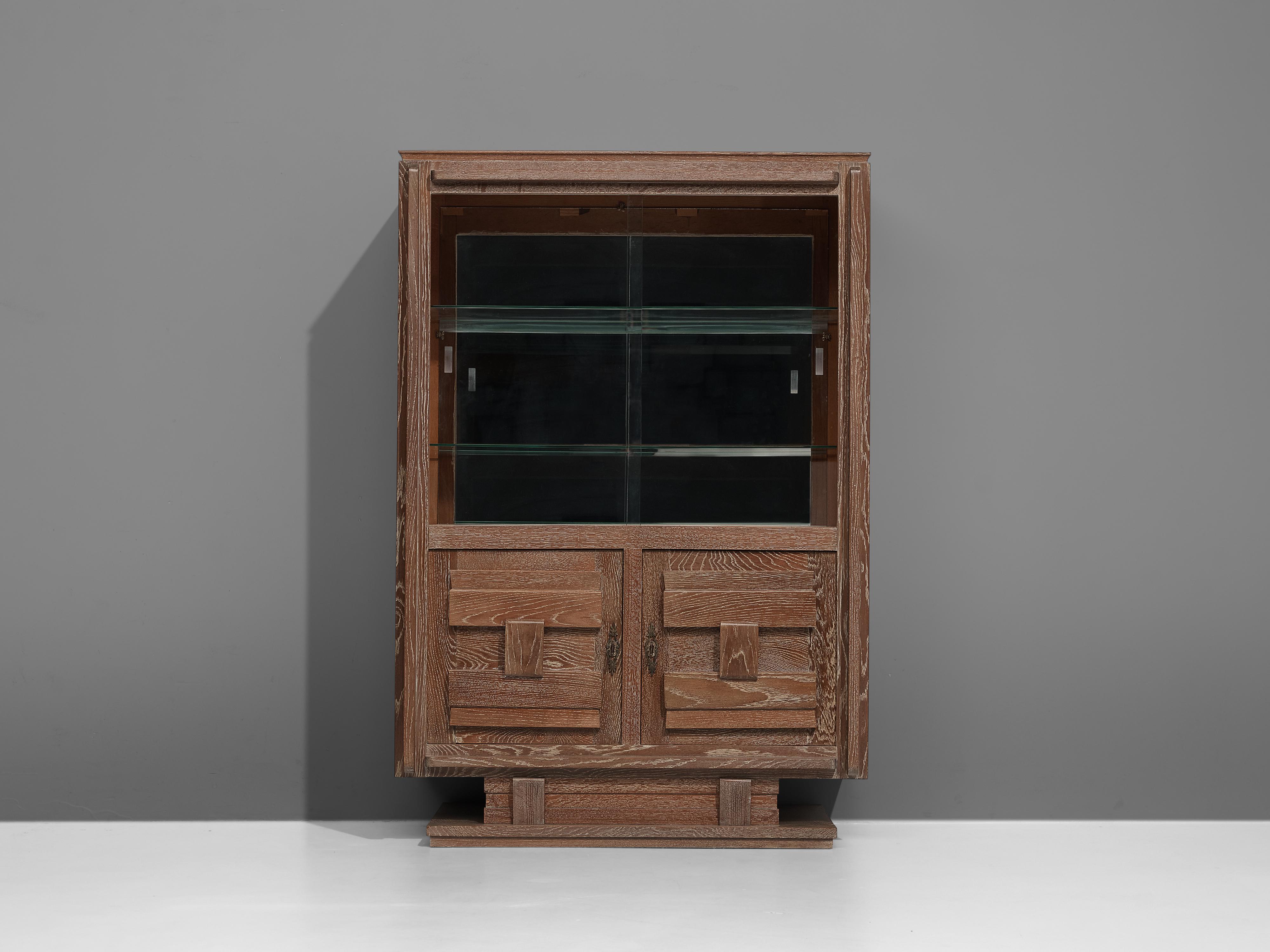 Glass Art Deco Vitrine Cabinet in Cerused Oak