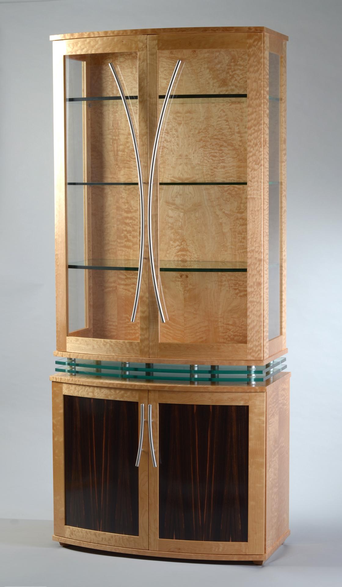 American Art Deco Vitrine Curved Front Quilted Maple and Macassar Ebony Interior Lighting For Sale