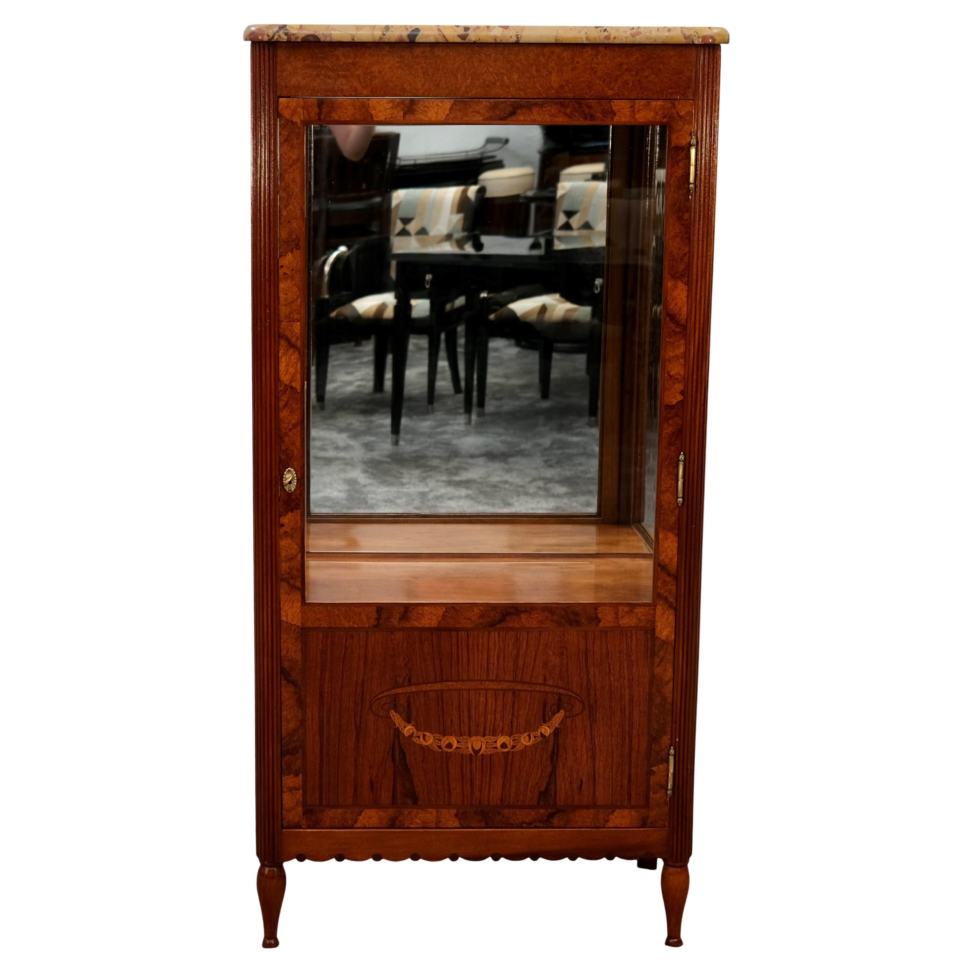 Art Deco Vitrine, Display Cabinet in Amboyna with Marble Top, circa 1925