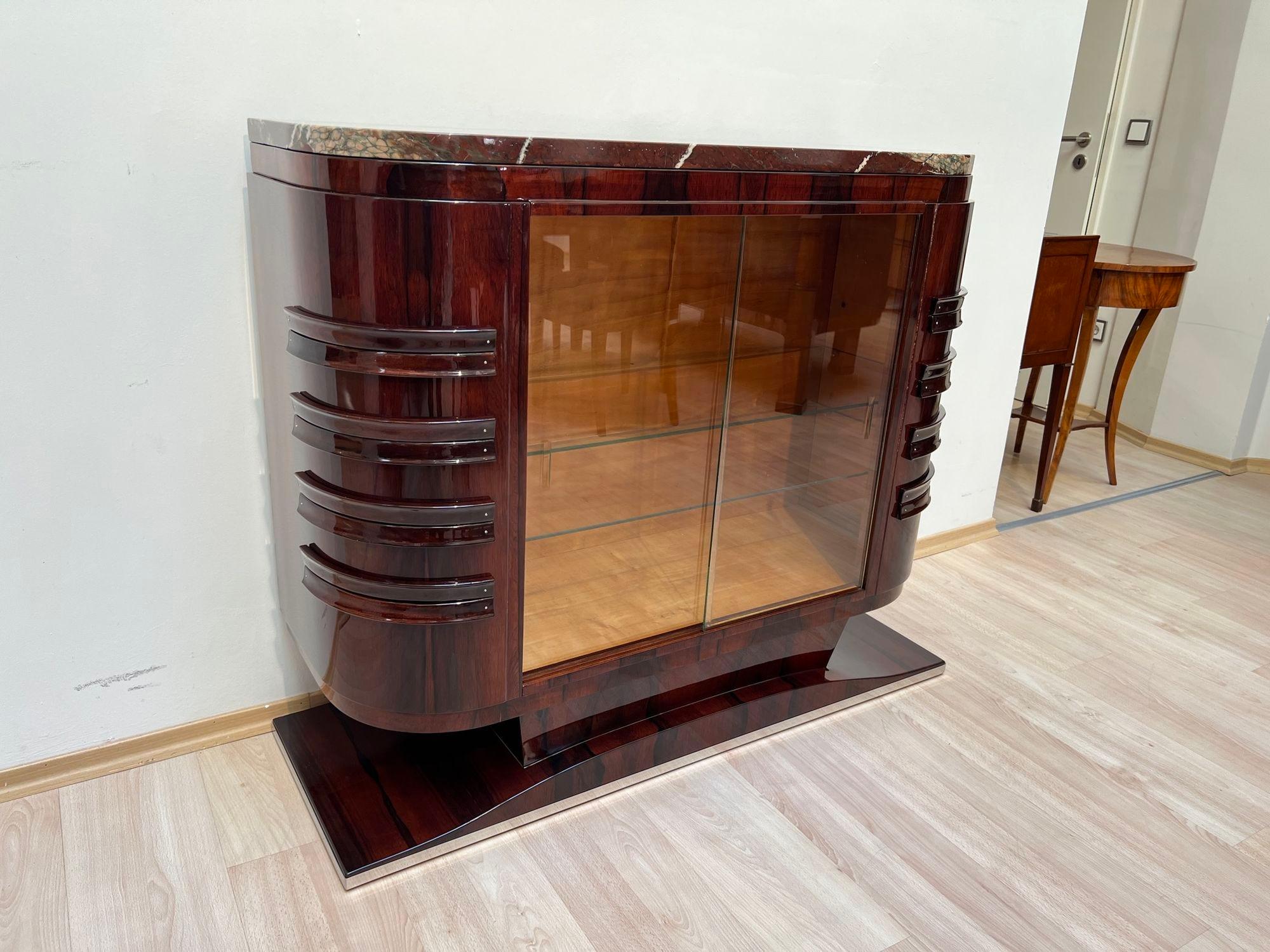 Lacquered Art Deco Vitrine Sideboard, Rosewood Veneer, Marble, Maple, France circa 1930 For Sale
