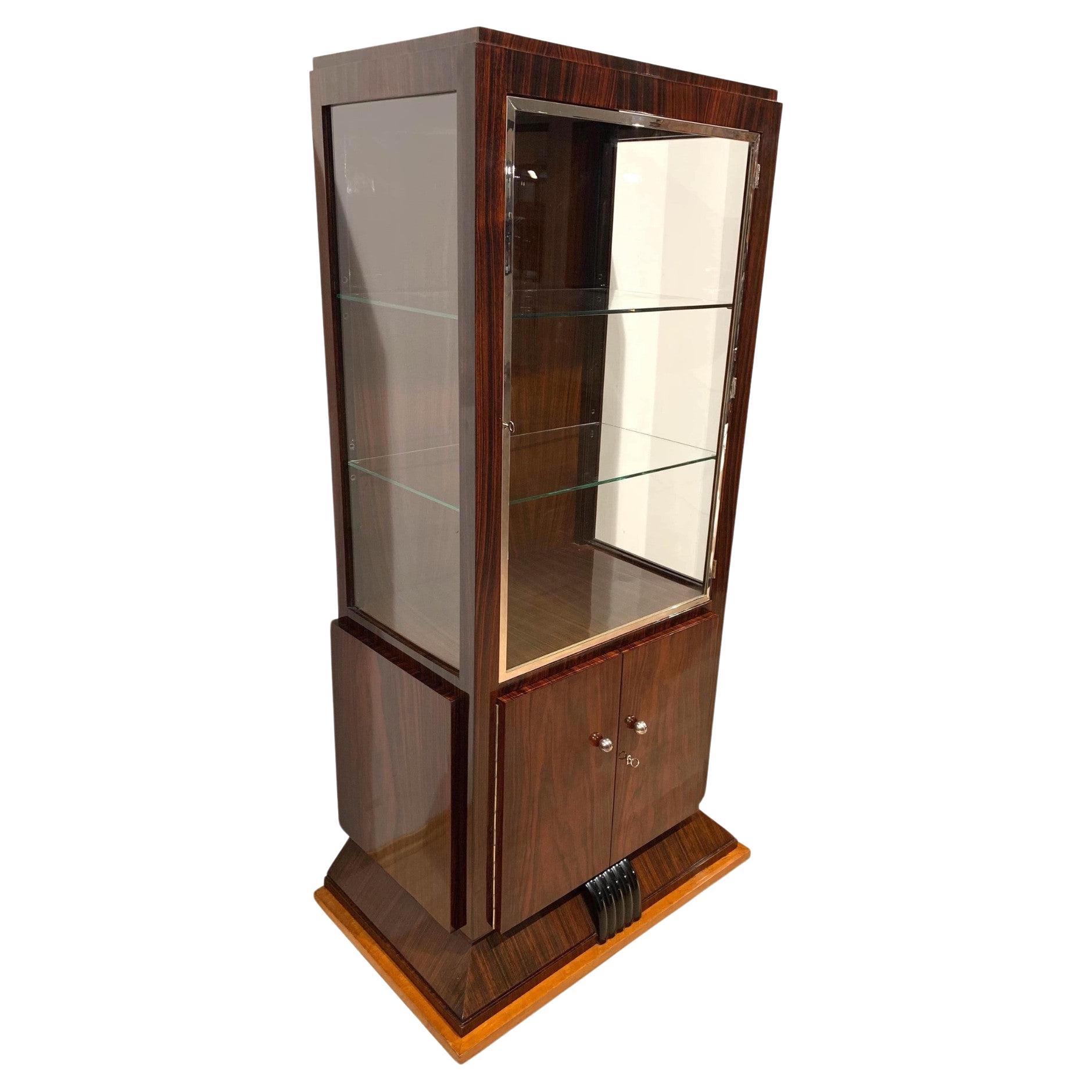 Art Deco Vitrine Showcase, Three Sides Glass, Rosewood/Maple, France, circa 1925