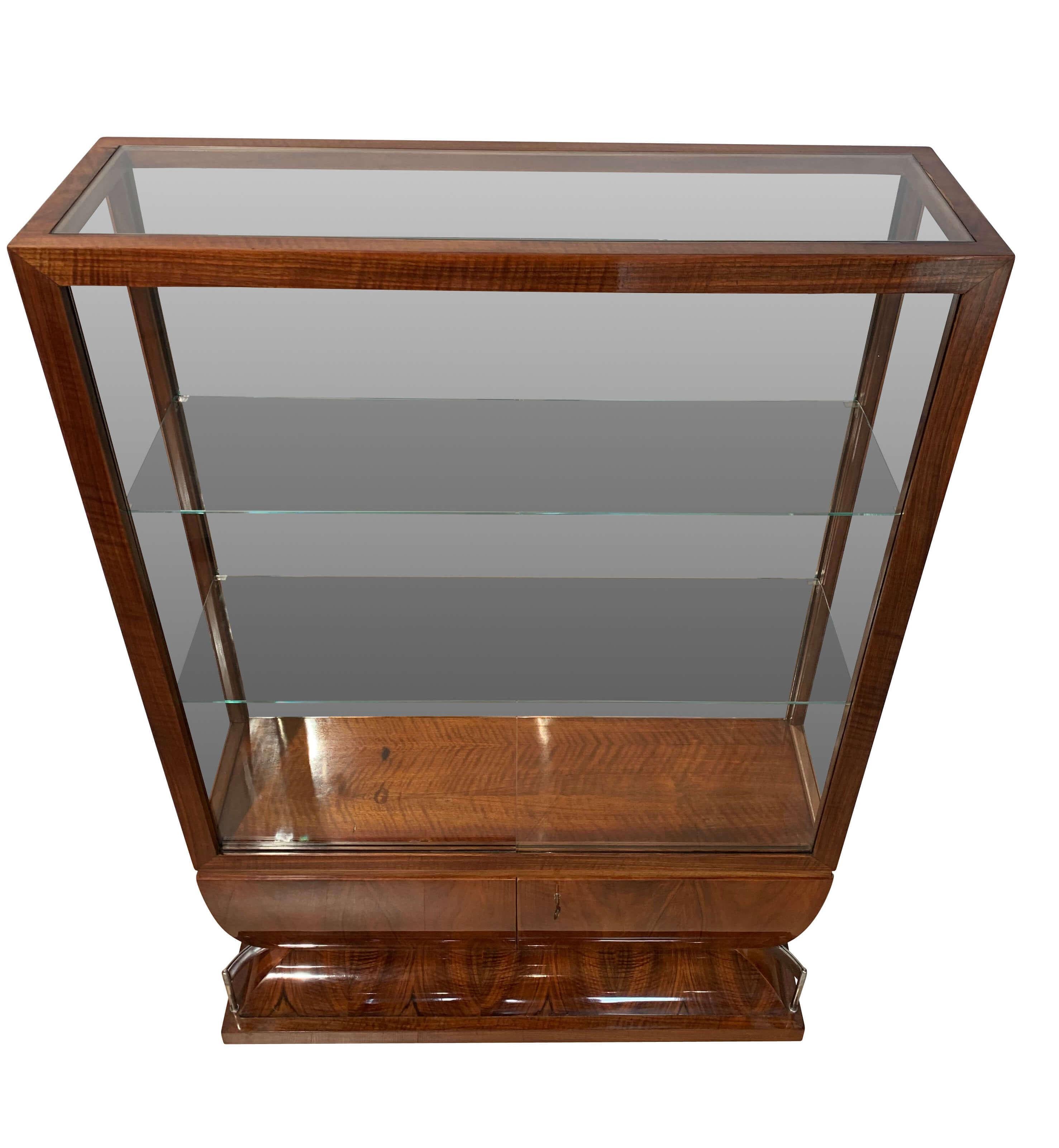 Galvanized Art Deco Vitrine, Walnut Veneer, Three Sides Glassed, France, circa 1930