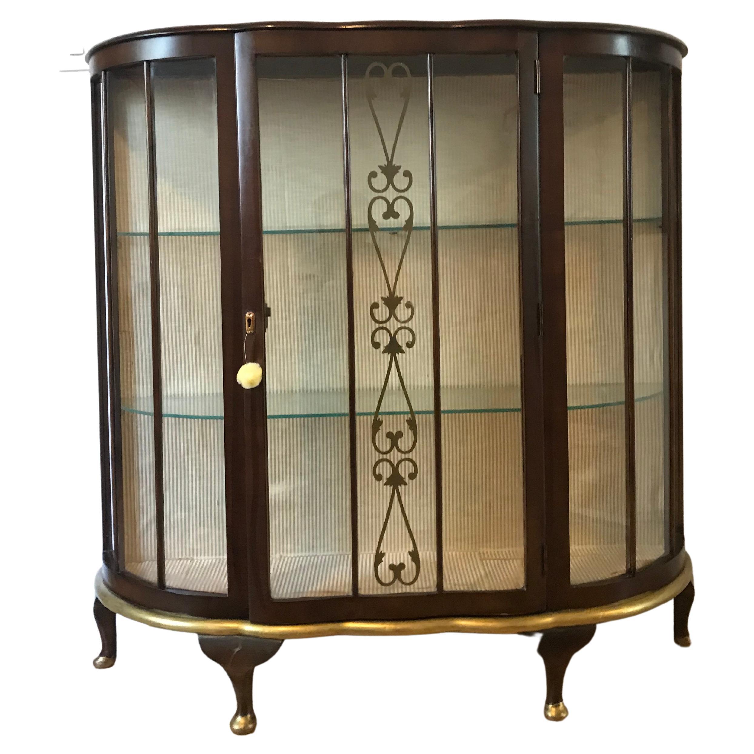 Art Deco Walnut Vitrine with Gold Accents For Sale