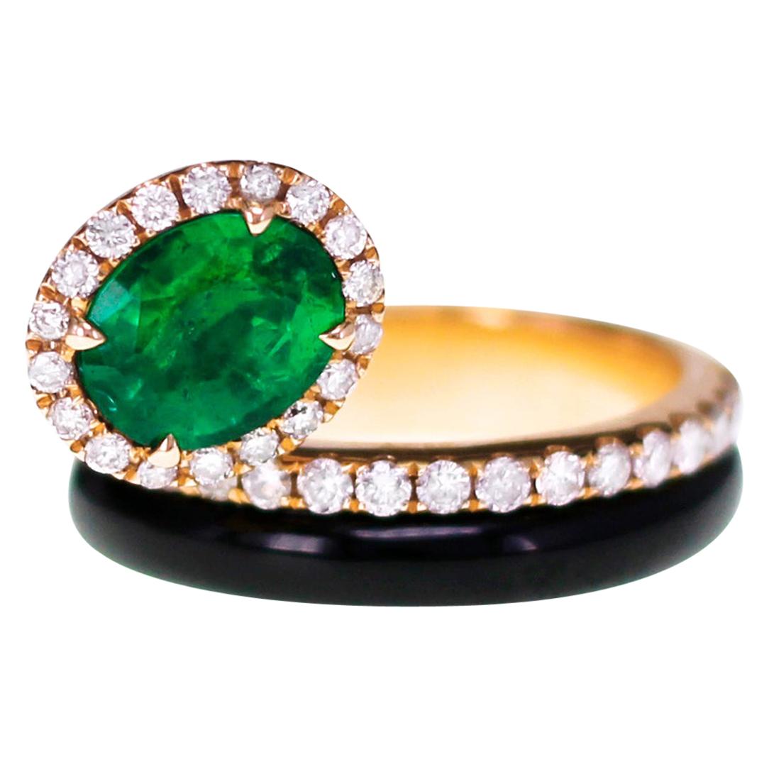 Art Deco Style Vivid Green Emerald Ring with Natural Pink Diamond
