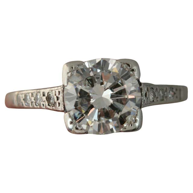 Art Deco 18 Carat Gold Platinum Diamond Solitaire Stack Engagement Ring ...