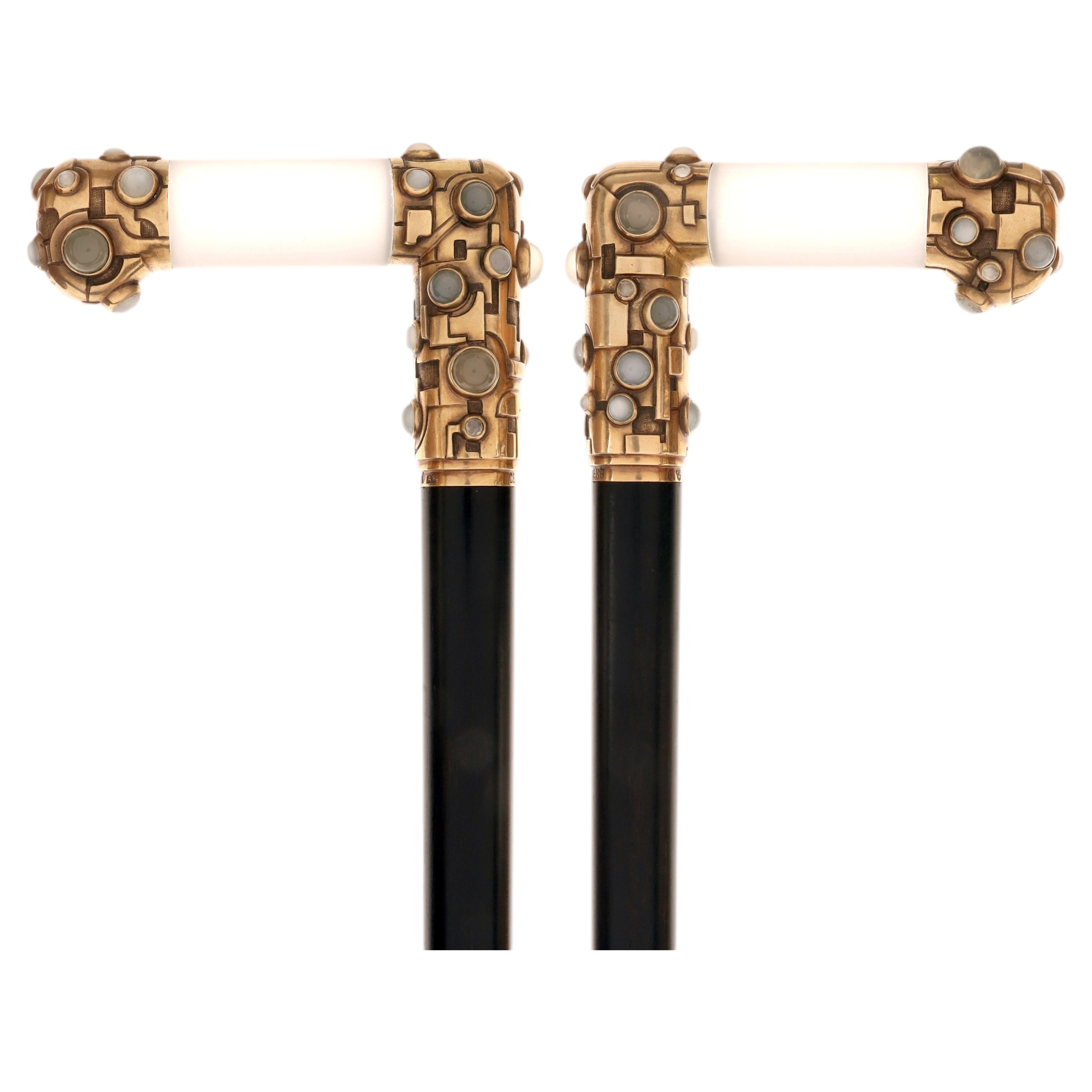 Art Decò walking stick, rock crystal and moonstones, by Halberg, Sweeden 1927. For Sale