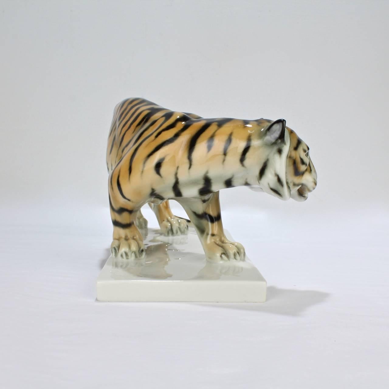 Early 20th Century Art Deco Walking Tiger Porcelain Figurine by G. V. Döring for Schwarzburger
