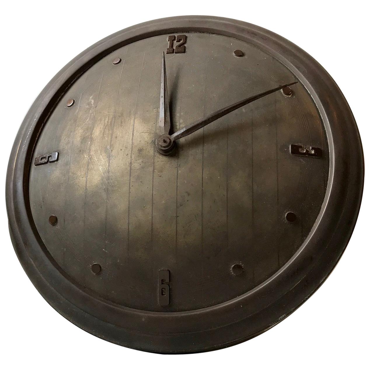 Art Deco Wall Clock in Patinated Brass, 1930s