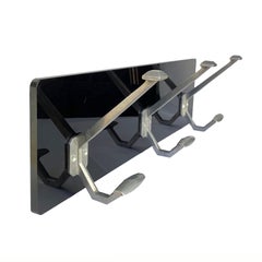 Art Deco Wall Coat Hooks Aluminum Mounted on Black Plexiglass, Italy, 1940s