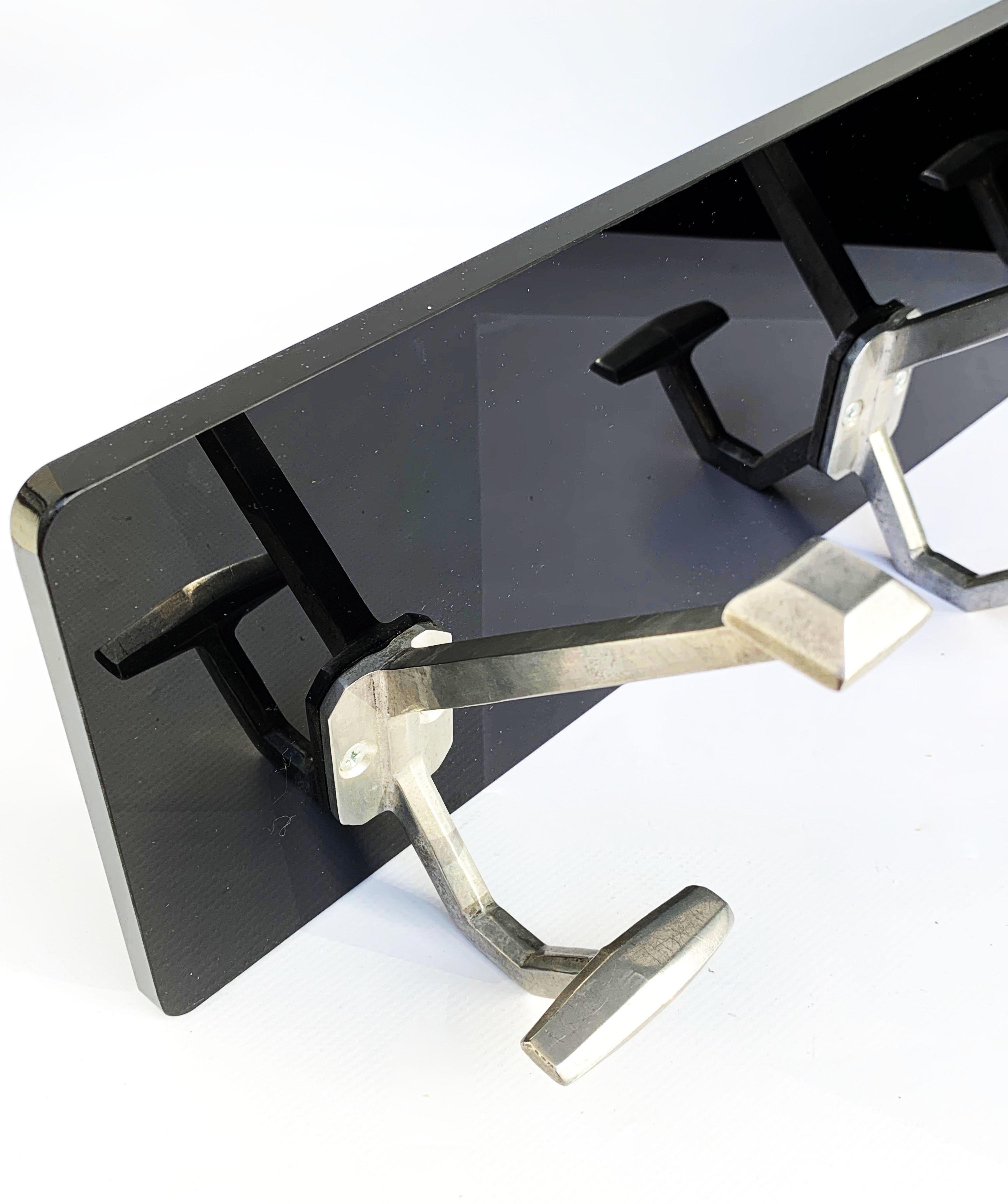 Art Deco Wall Coat Hooks Aluminum Mounted on Black Plexiglass, Italy, 1940s In Good Condition In Roma, IT