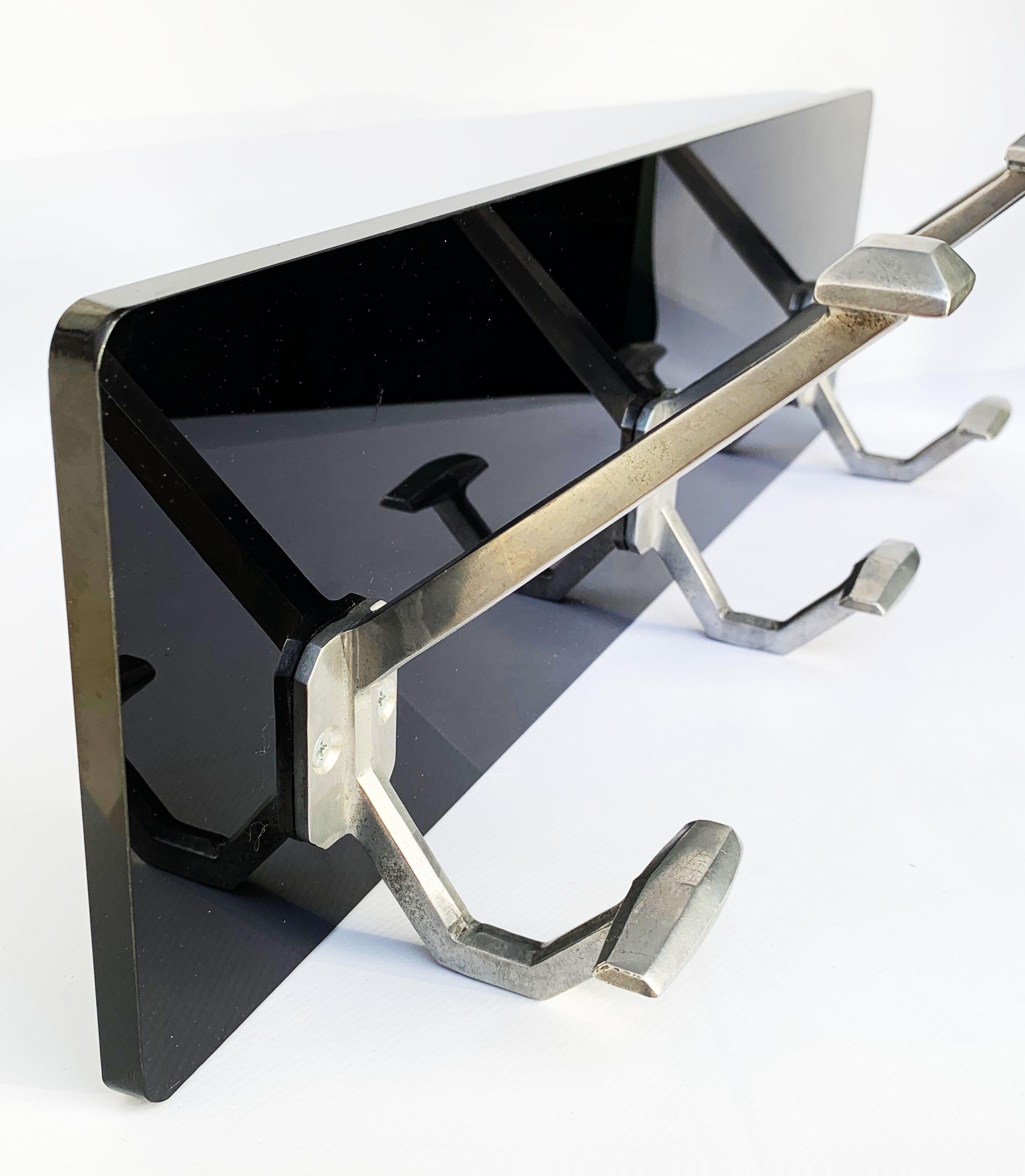 Mid-20th Century Art Deco Wall Coat Hooks Aluminum Mounted on Black Plexiglass, Italy, 1940s