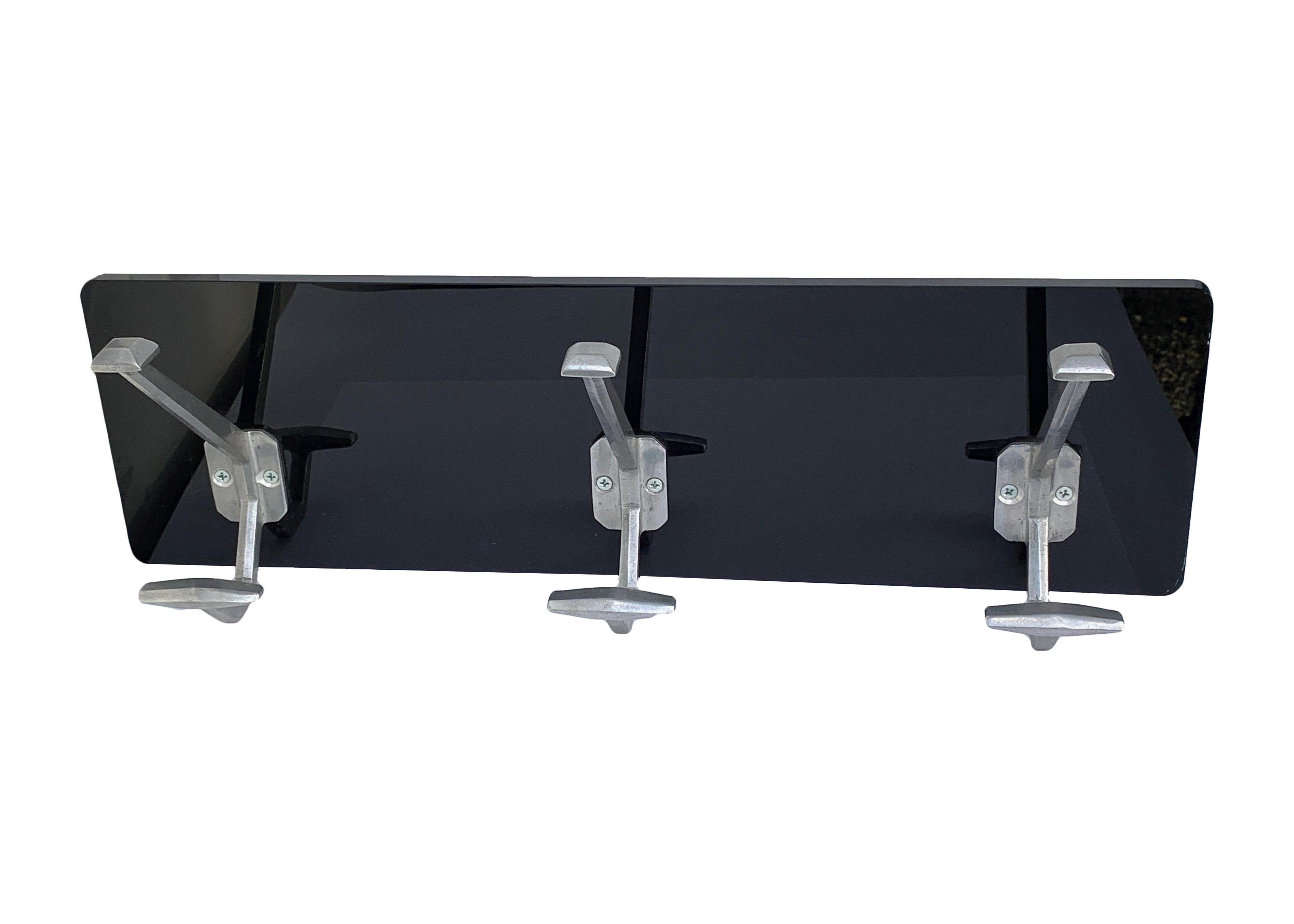Art Deco Wall Coat Hooks Aluminum Mounted on Black Plexiglass, Italy, 1940s 1