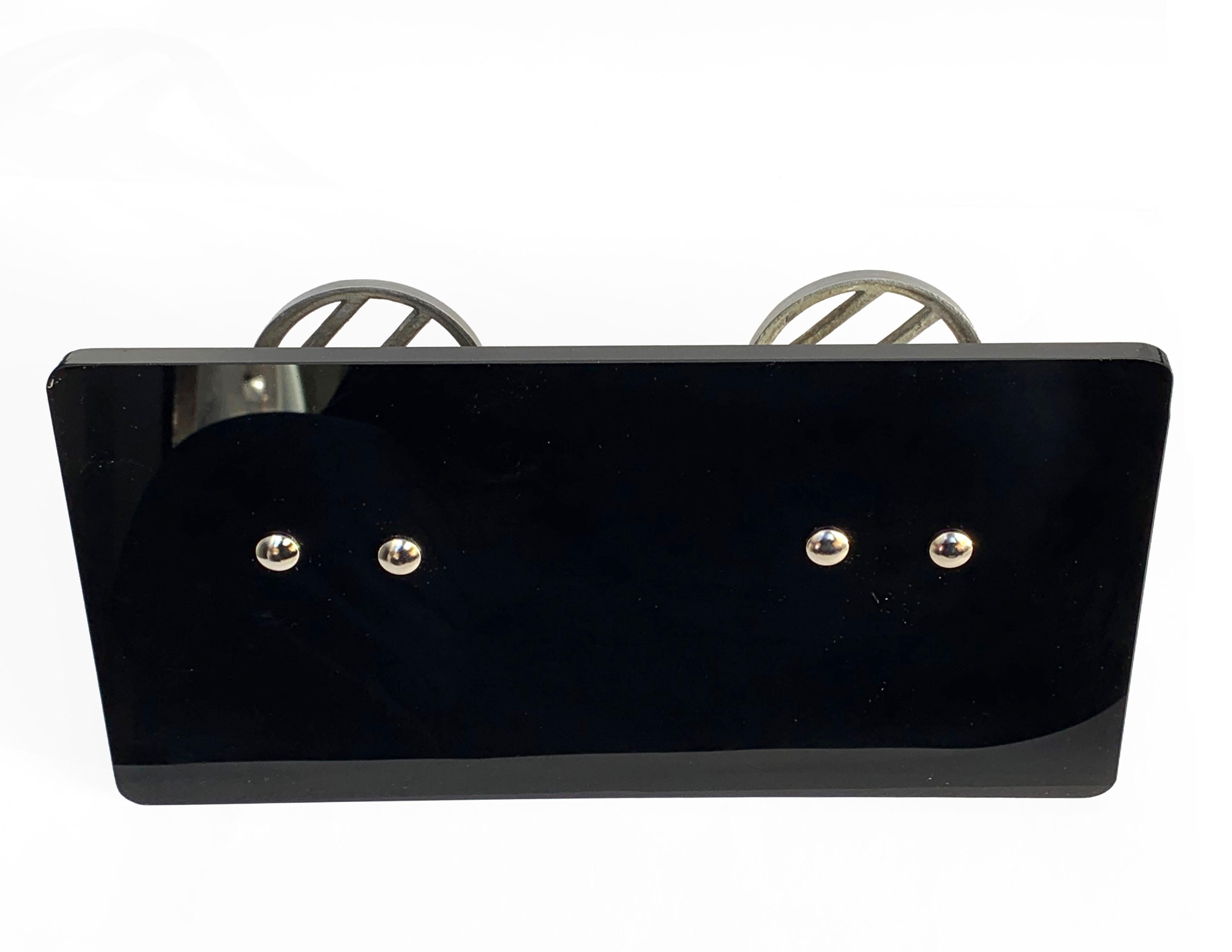 Art Deco Wall Coat Hooks Aluminum Mounted on Black Plexiglass, Italy, 1940s 2