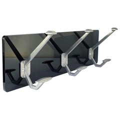 Art Deco Wall Coat Hooks Aluminum Mounted on Black Plexiglass, Italy, 1940s