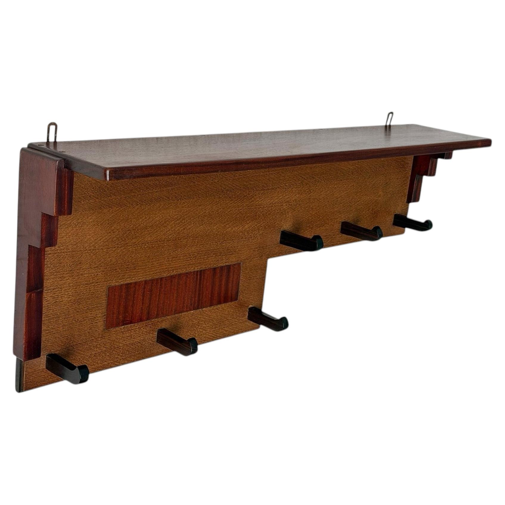 Art Deco Wall Coat Rack, Solid Oak & Padouk, Amsterdamse School Design, 1920s For Sale