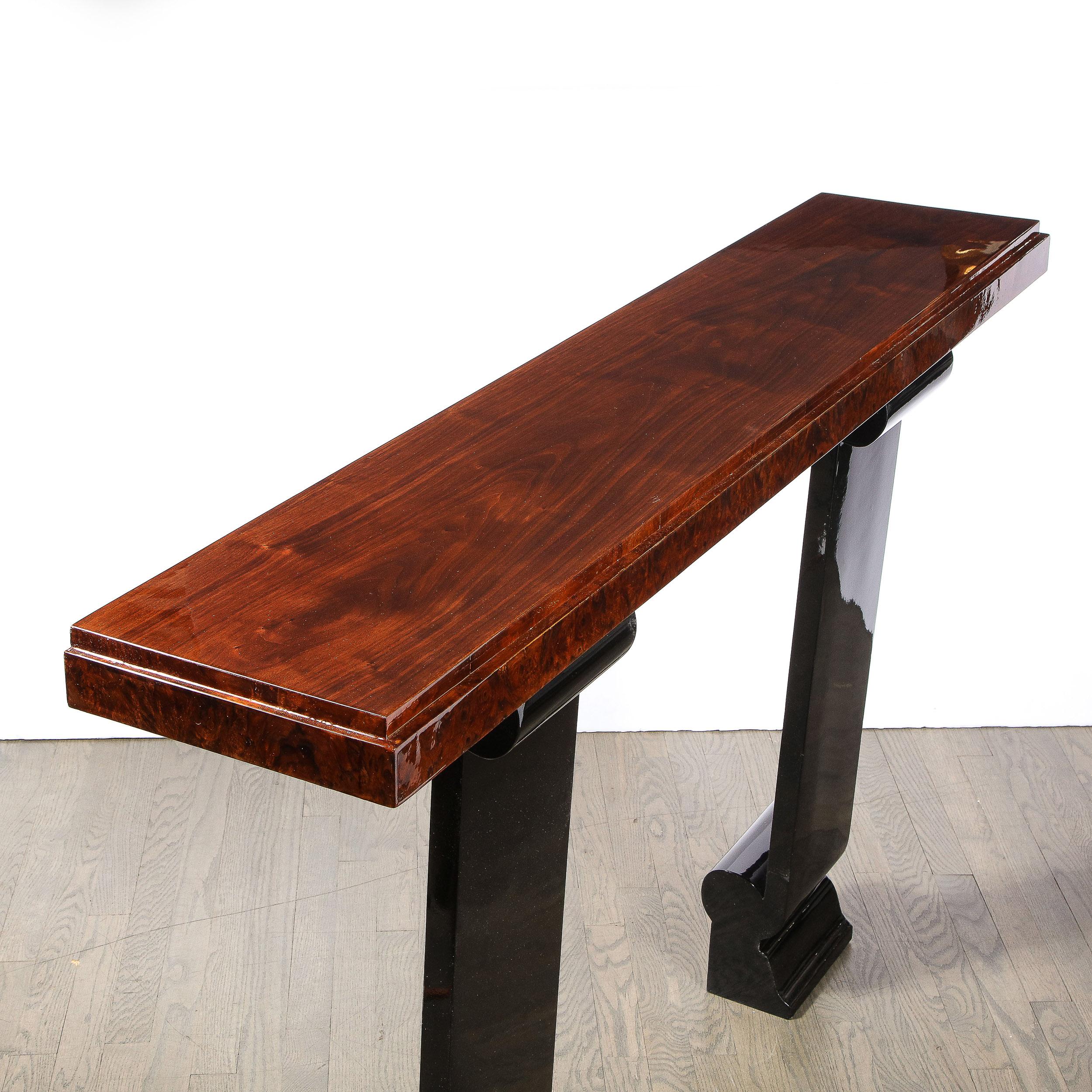 Art Deco Wall Console in Book Matched Walnut, Burled Amboyna & Black Lacquer For Sale 5