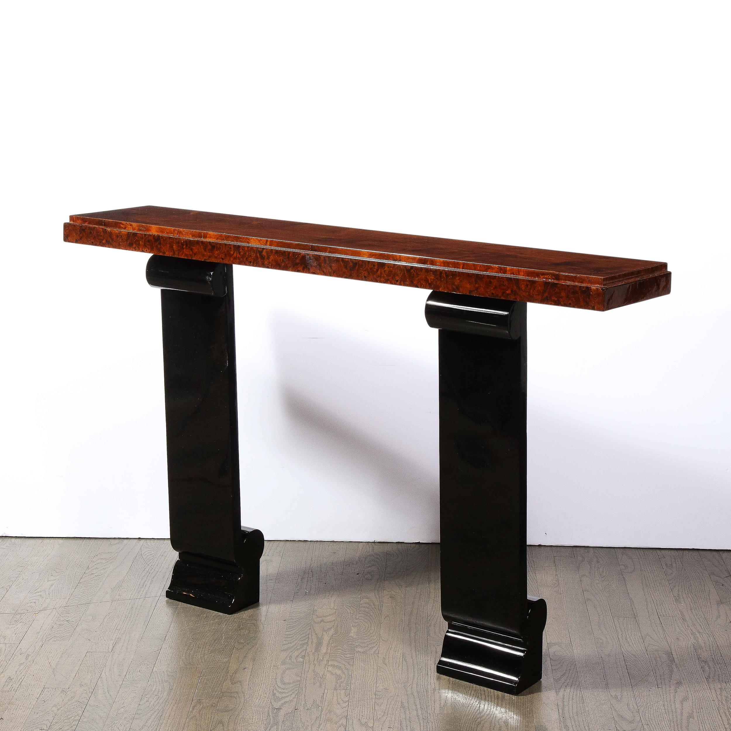 French Art Deco Wall Console in Book Matched Walnut, Burled Amboyna & Black Lacquer For Sale