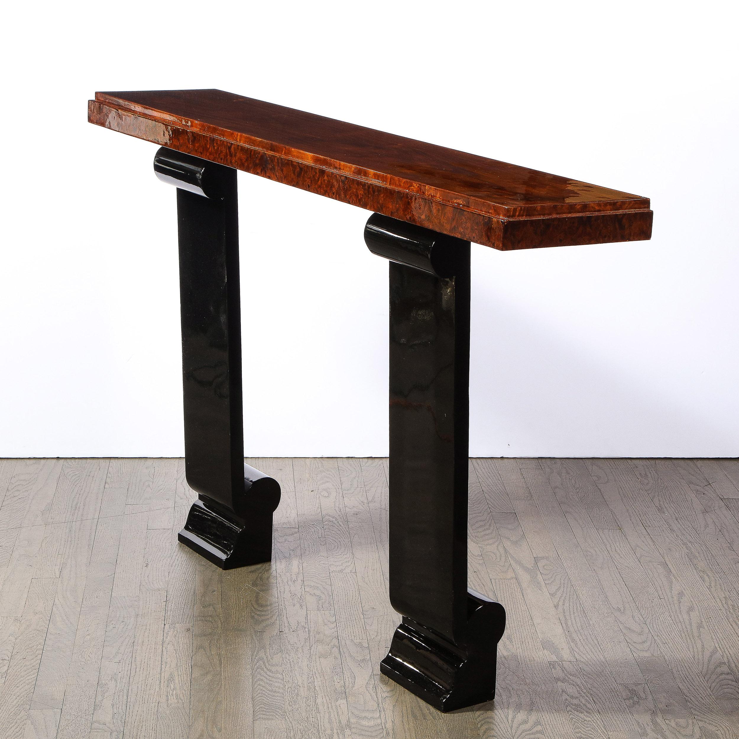 Mid-20th Century Art Deco Wall Console in Book Matched Walnut, Burled Amboyna & Black Lacquer For Sale
