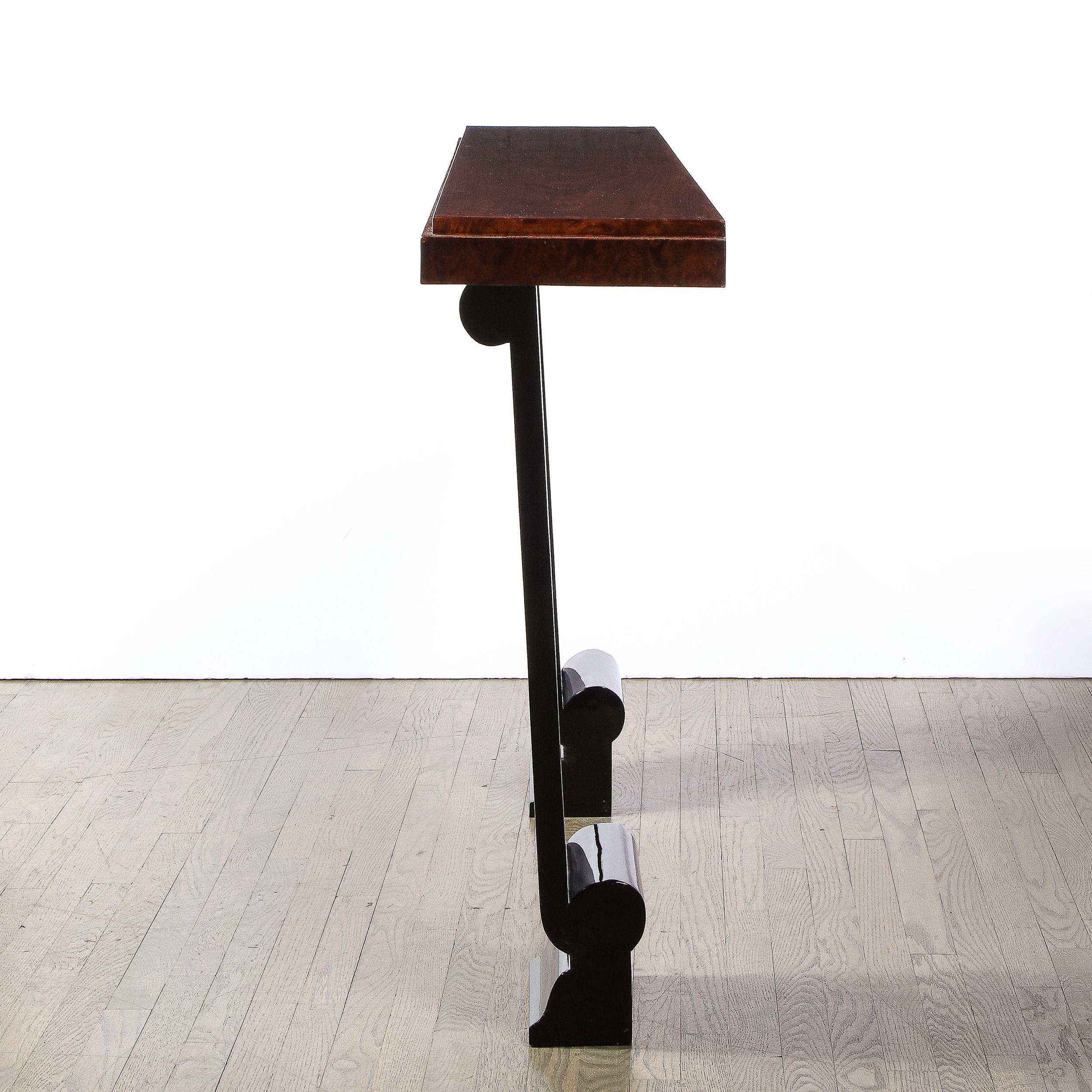 Art Deco Wall Console in Book Matched Walnut, Burled Amboyna & Black Lacquer For Sale 3
