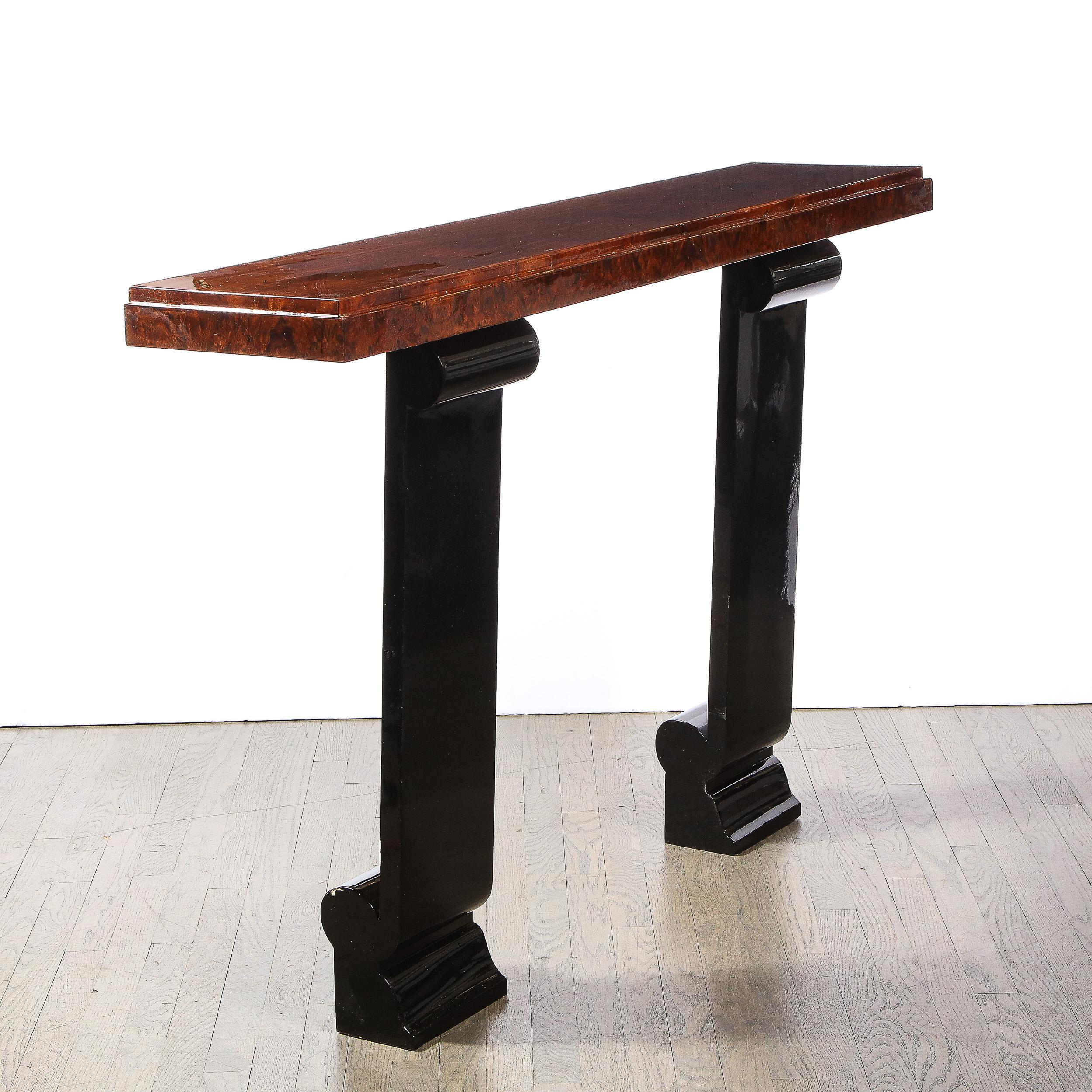 Art Deco Wall Console in Book Matched Walnut, Burled Amboyna & Black Lacquer For Sale 4