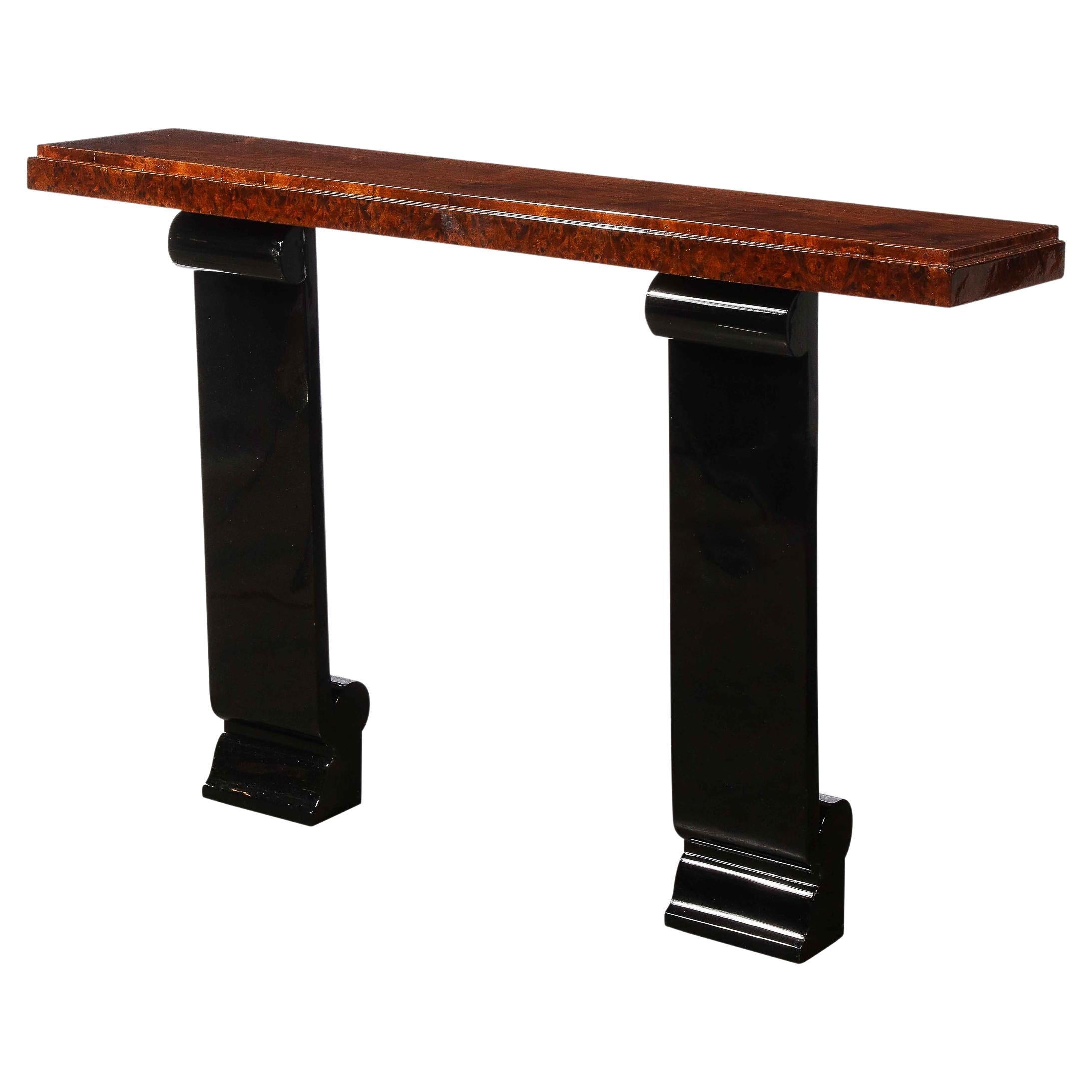 Art Deco Wall Console in Book Matched Walnut, Burled Amboyna & Black Lacquer For Sale