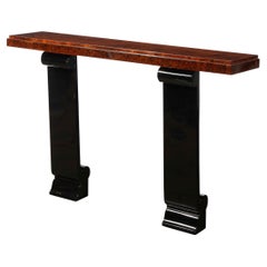 Art Deco Wall Console in Book Matched Walnut, Burled Amboyna & Black Lacquer