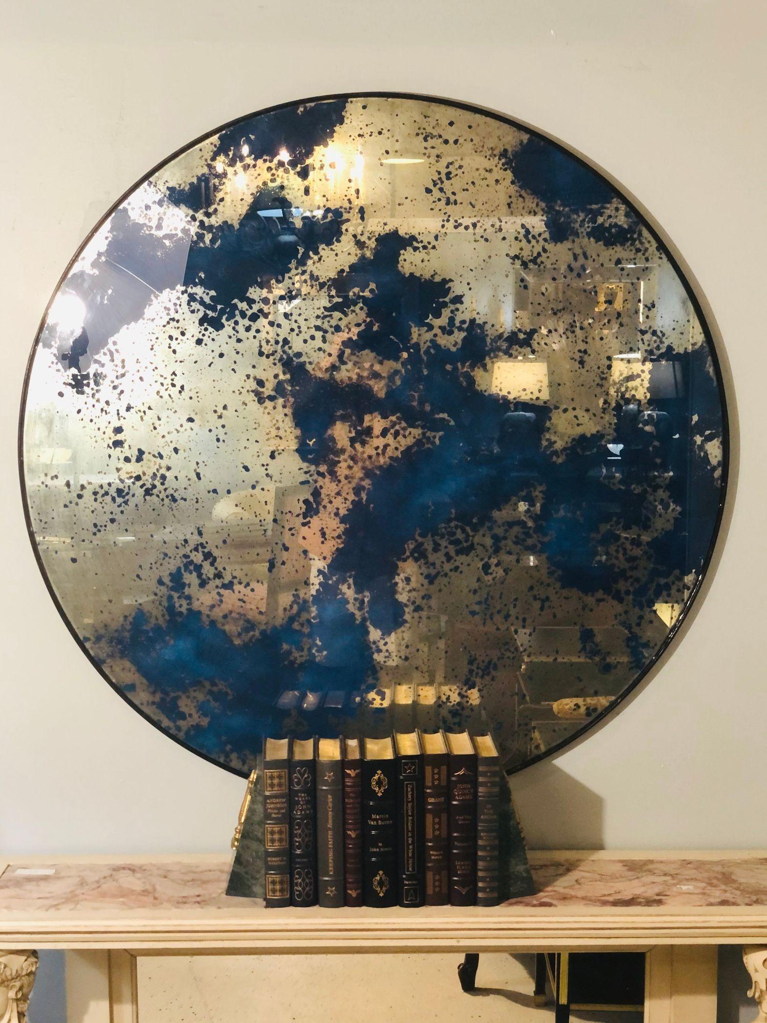 20th Century Contemporary, Round Mirrors, Silver Leaf, Blue Paint, Ebonized Wood, USA For Sale