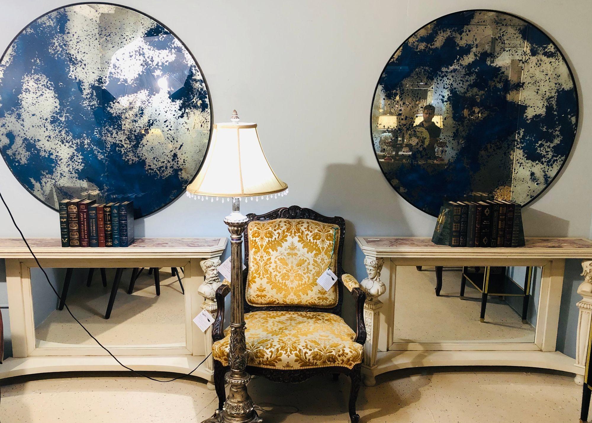 Mid-Century Modern Contemporary, Round Mirrors, Silver Leaf, Blue Paint, Ebonized Wood, USA