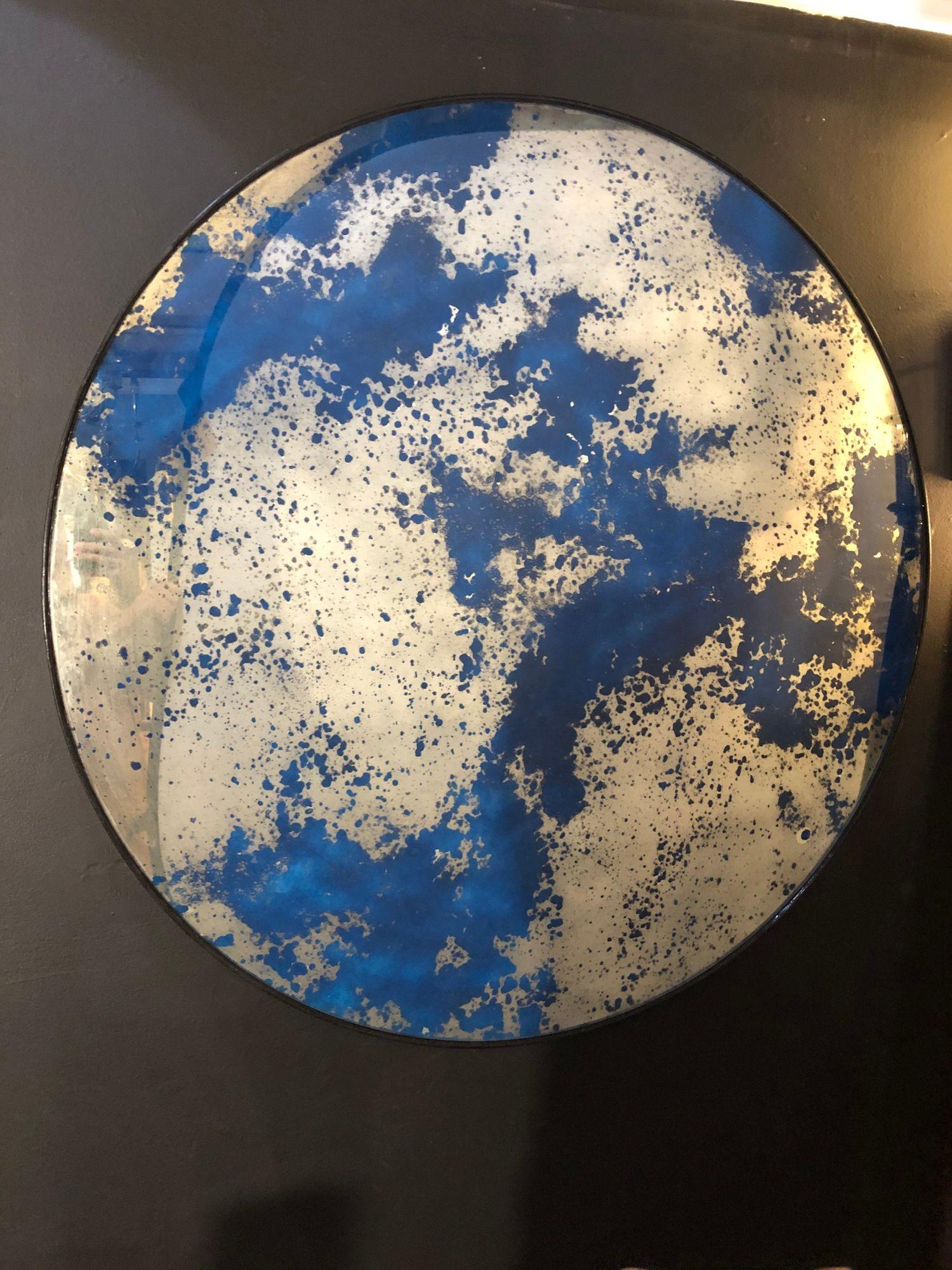 Contemporary, Round Mirrors, Silver Leaf, Blue Paint, Ebonized Wood, USA In Good Condition For Sale In Stamford, CT