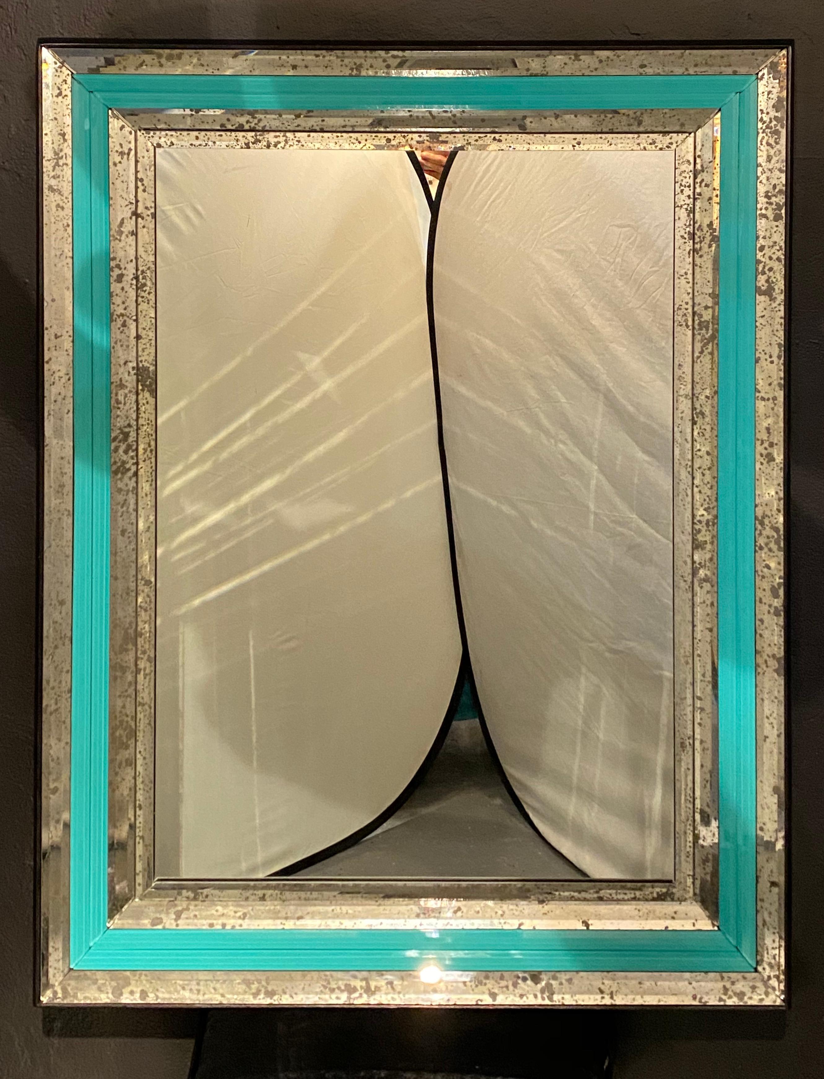 Art Deco Wall, Console or Pier Mirrors with Turquoise Beveled Frames, a Pair 2