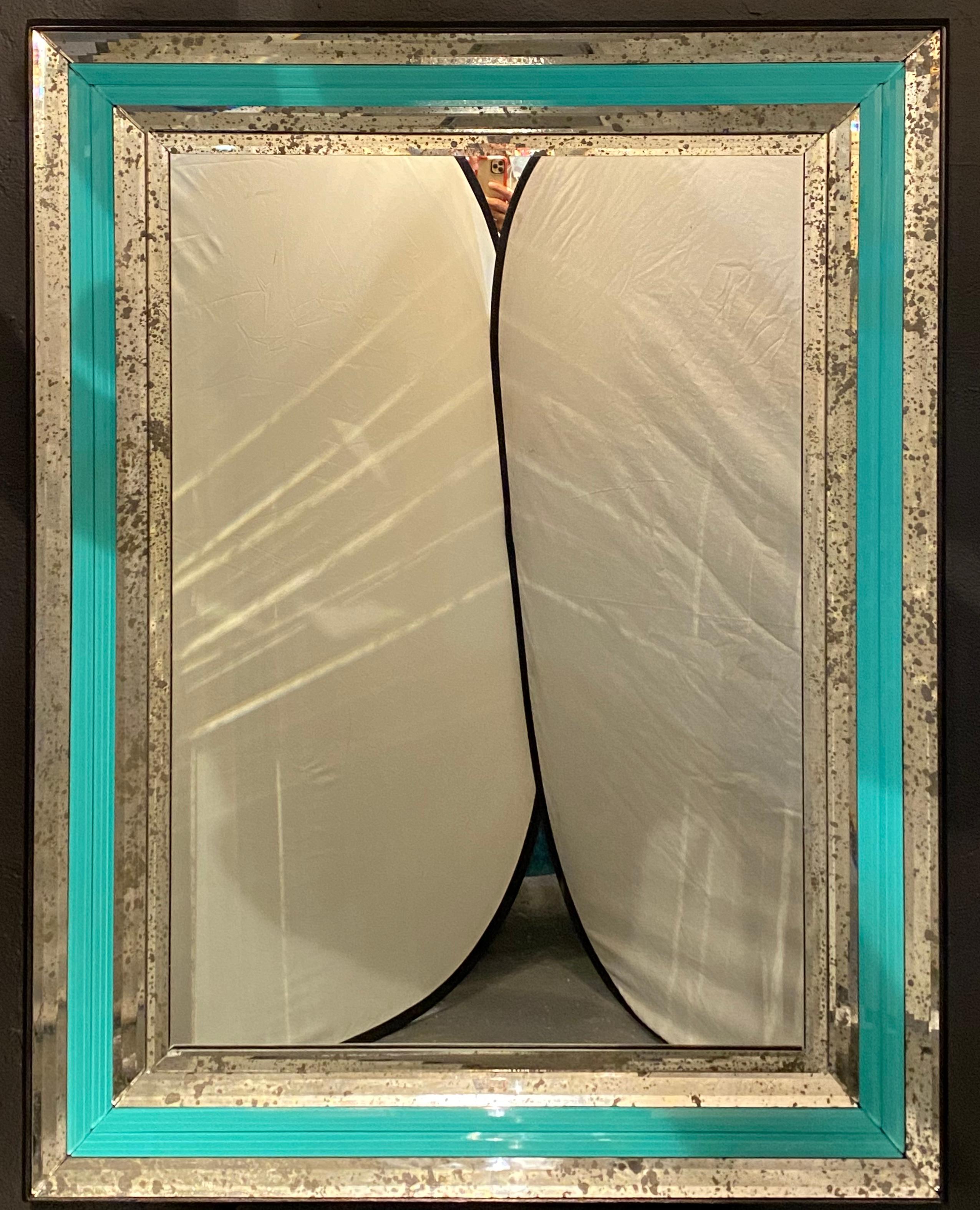 Art Deco Wall, Console or Pier Mirrors with Turquoise Beveled Frames, a Pair 3
