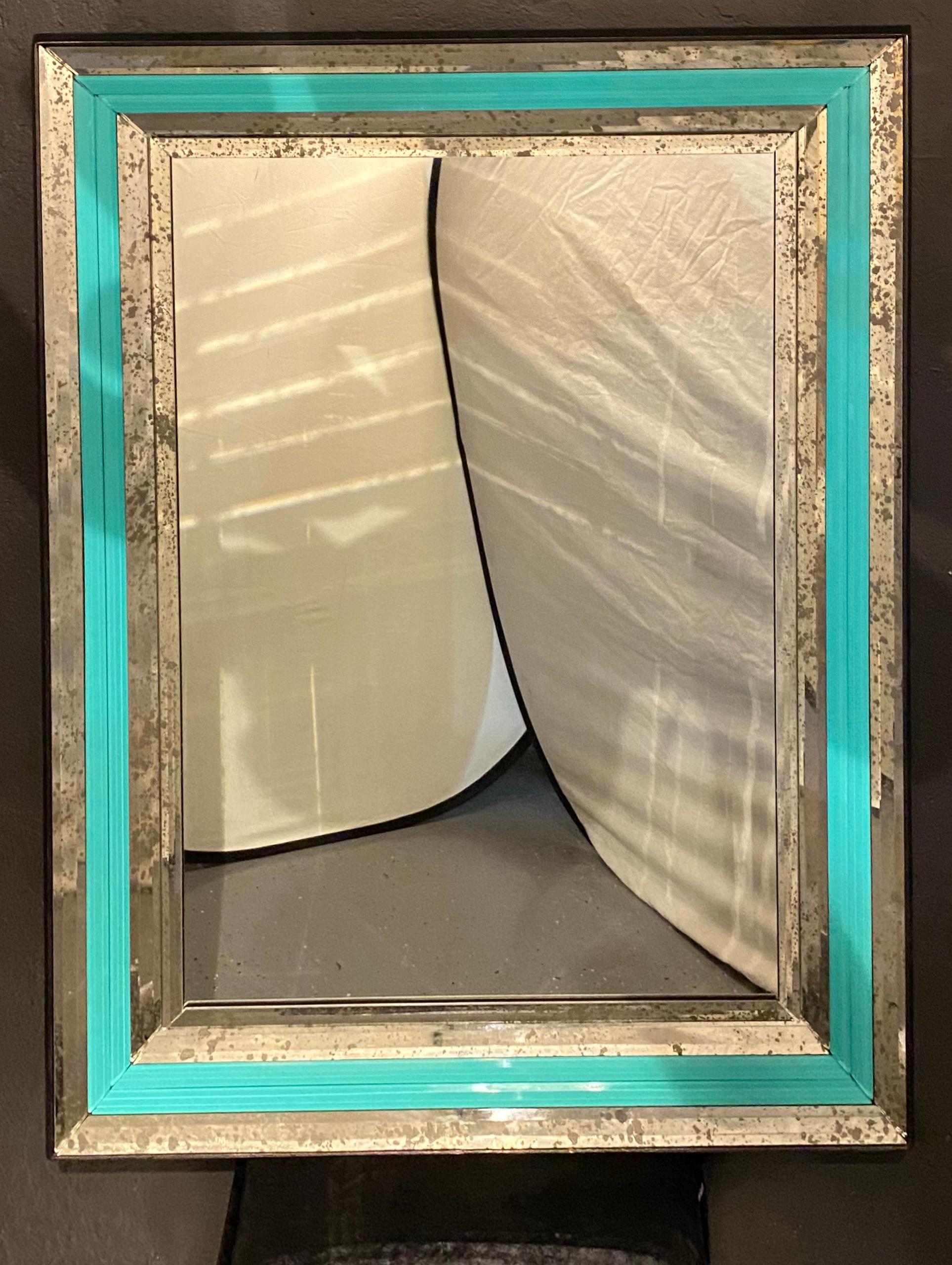 Art Deco Wall, Console or Pier Mirrors with Turquoise Beveled Frames, a Pair 4