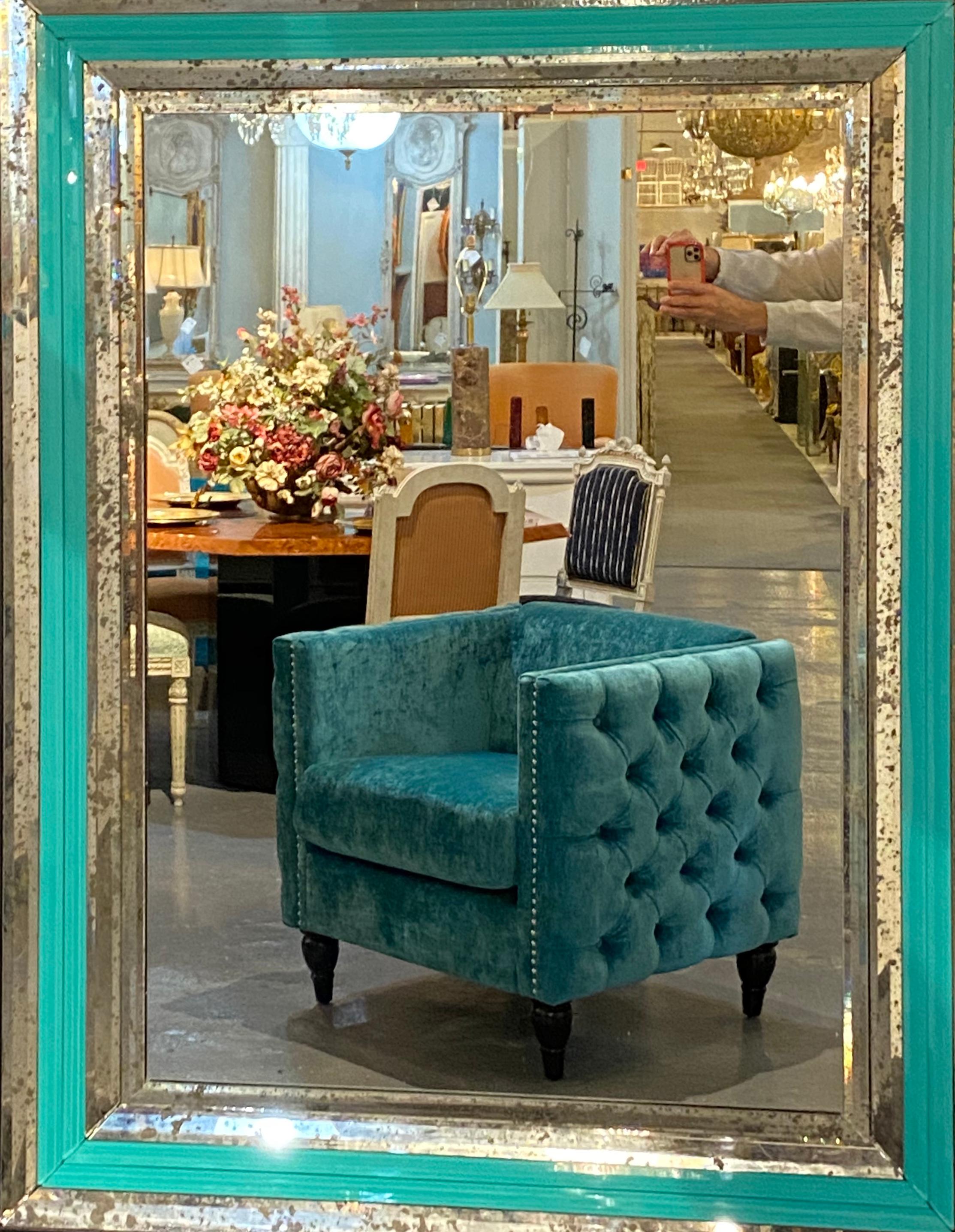 Art Deco Wall, Console or Pier Mirrors with Turquoise Beveled Frames, a Pair 6