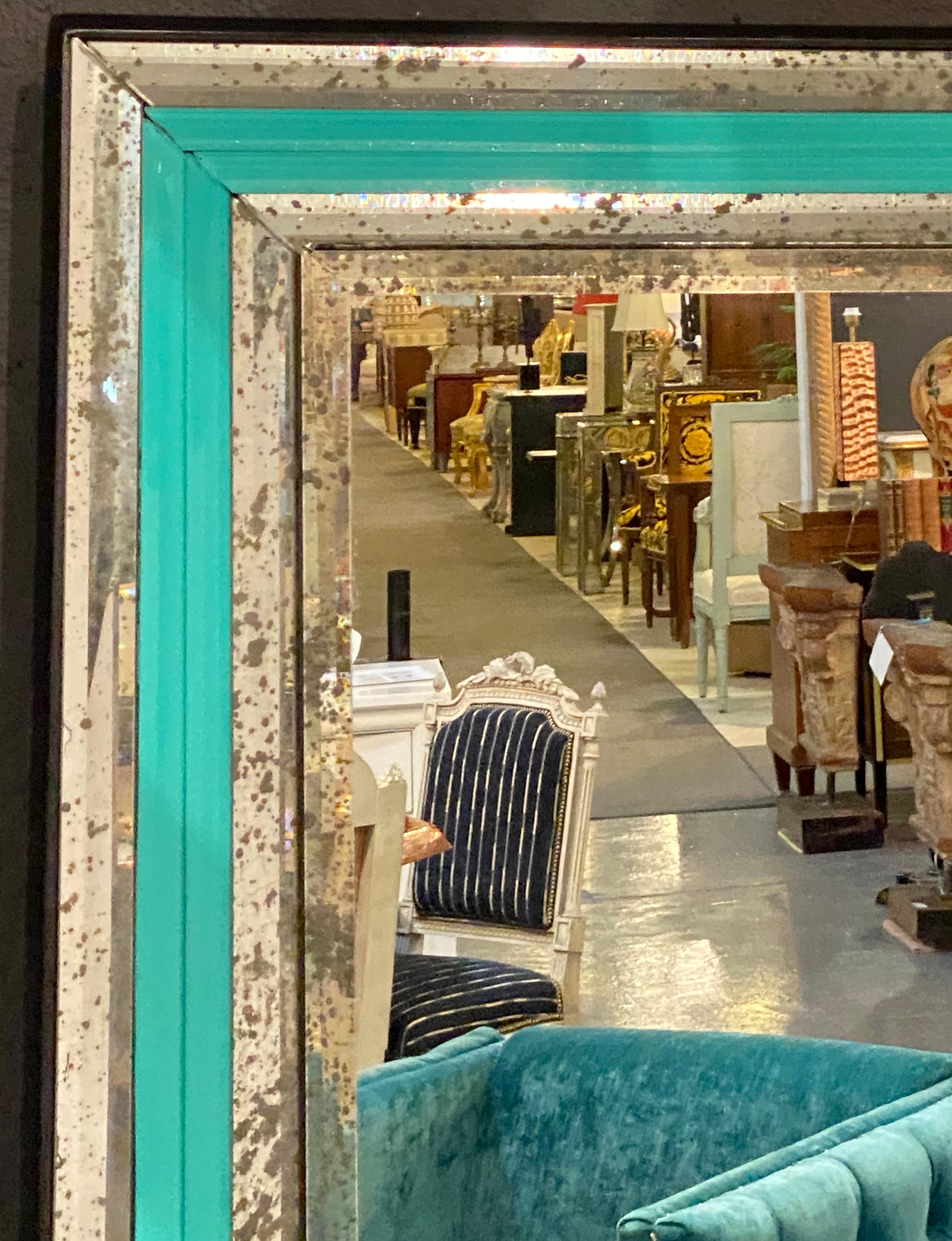 Art Deco Wall, Console or Pier Mirrors with Turquoise Beveled Frames, a Pair 8