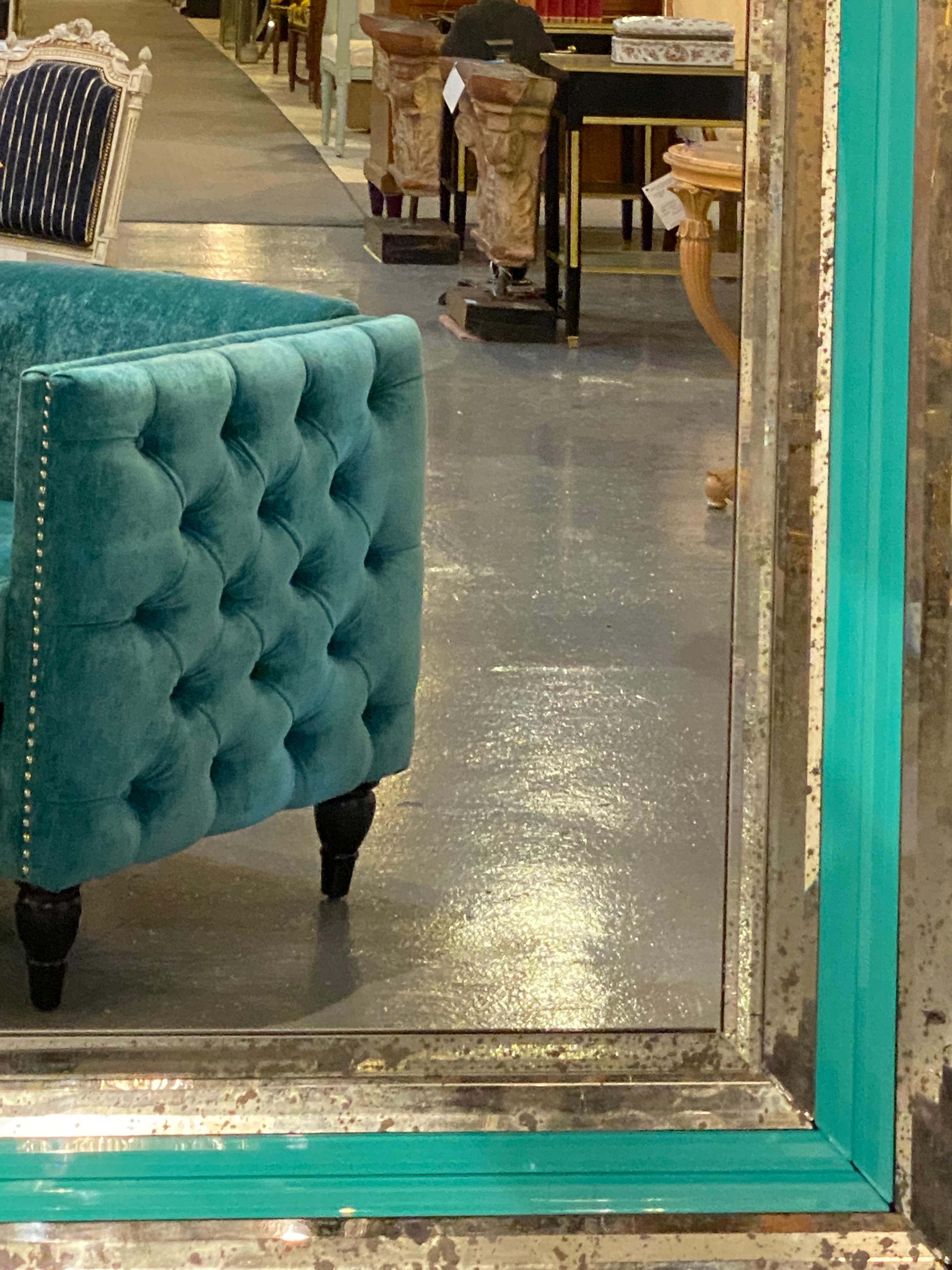 Art Deco Wall, Console or Pier Mirrors with Turquoise Beveled Frames, a Pair 9