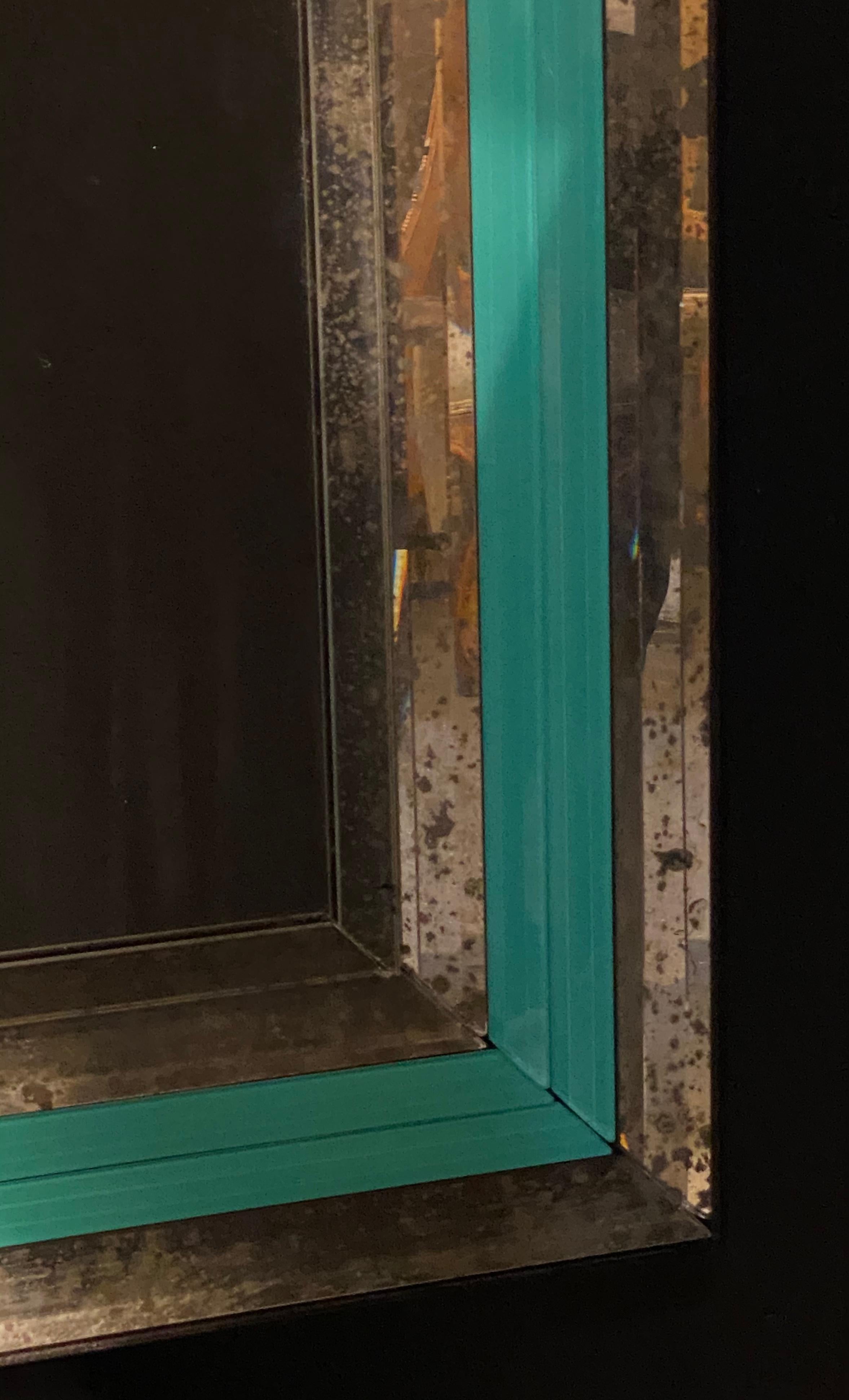 Art Deco Wall, Console or Pier Mirrors with Turquoise Beveled Frames, a Pair In Good Condition In Manhasset, NY