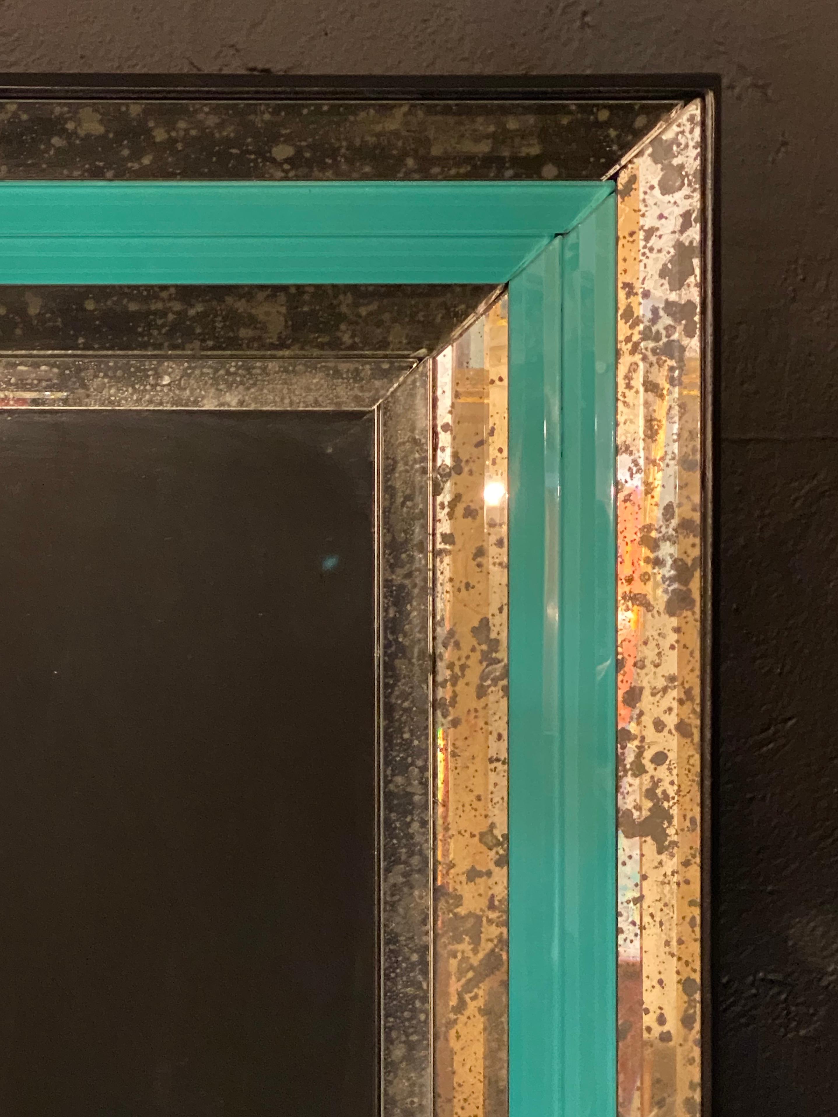 20th Century Art Deco Wall, Console or Pier Mirrors with Turquoise Beveled Frames, a Pair