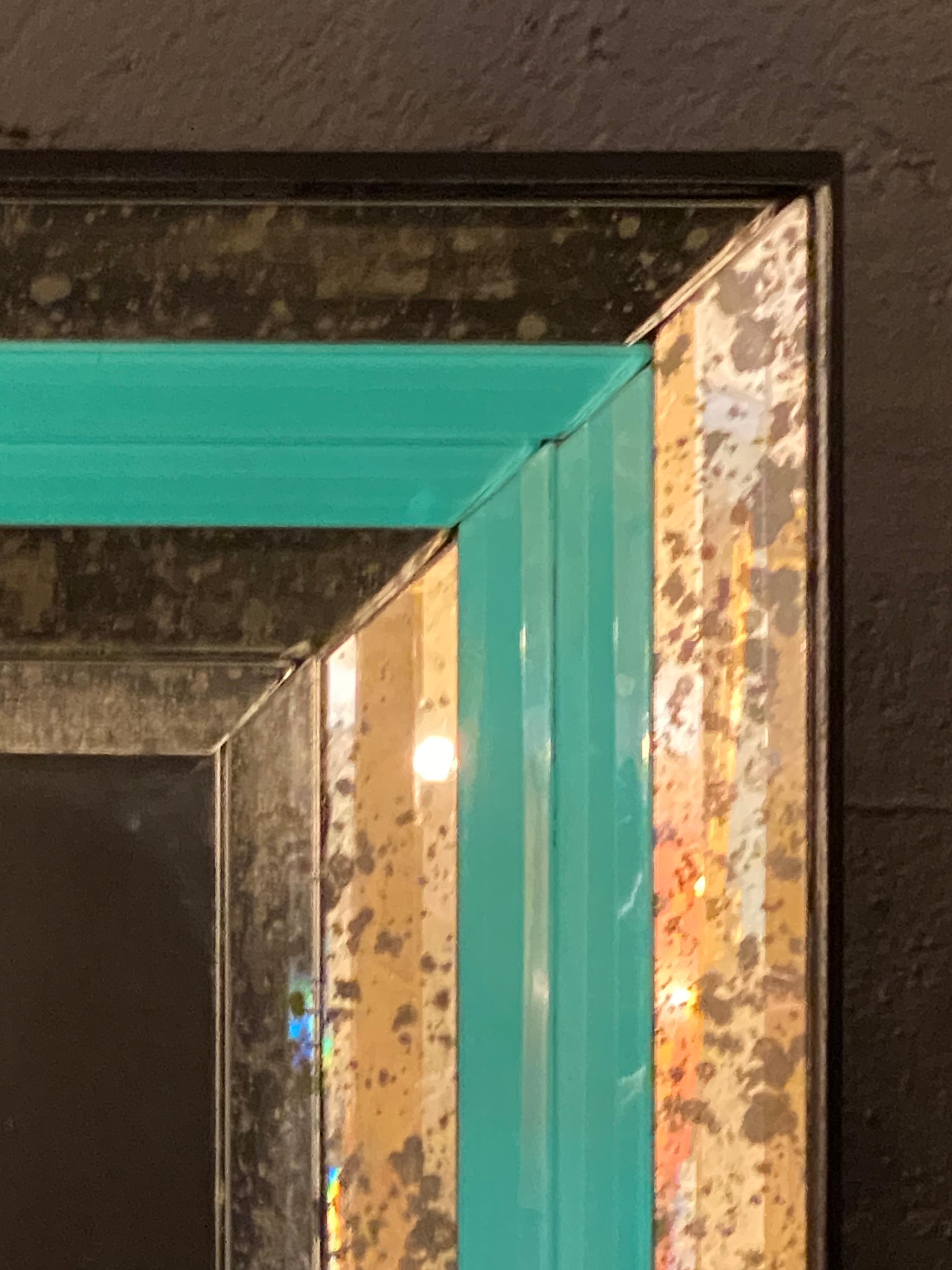 Glass Art Deco Wall, Console or Pier Mirrors with Turquoise Beveled Frames, a Pair