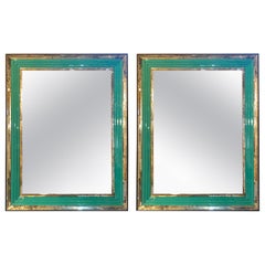 Art Deco Wall, Console or Pier Mirrors with Turquoise Beveled Frames, a Pair