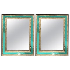 Art Deco Wall, Console or Pier Mirrors with Turquoise Beveled Frames, a Pair