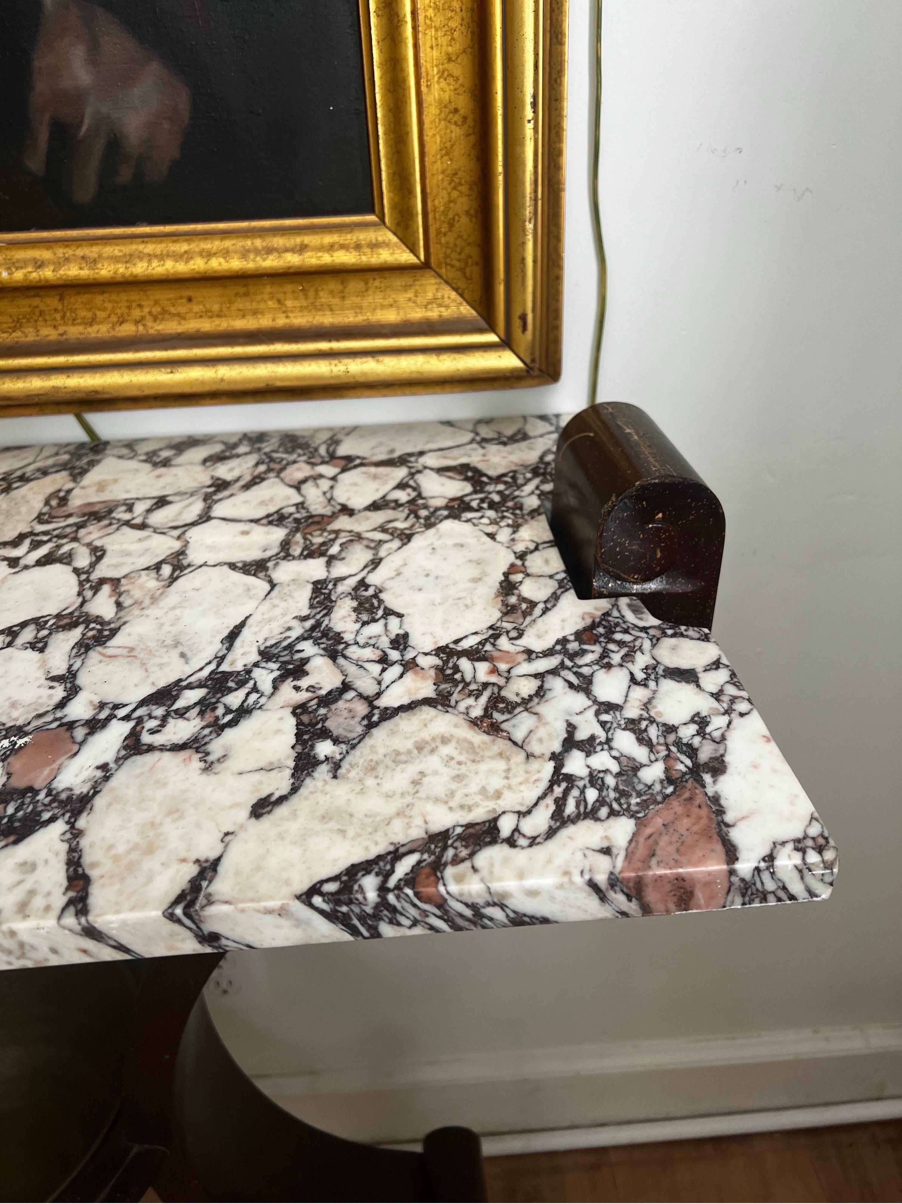 Brass Art Deco Wall Console w/ Calacatta Viola Marble Top - Raymond Subes Style For Sale