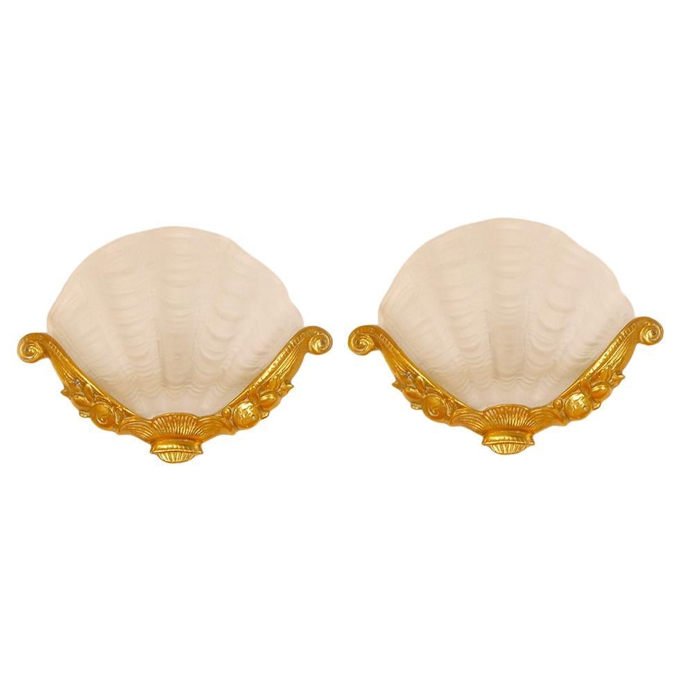 Art Deco Wall Lamps Glass Clam shell Sconces gilt bronze White Gold  a pair