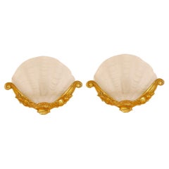 Art Deco Wall Lamps Glass Clam shell Sconces gilt bronze White Gold  a pair