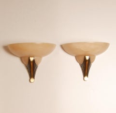Art Deco Wall Lamps Marble Alabaster bronze Sconces Mid Century Revival a pair