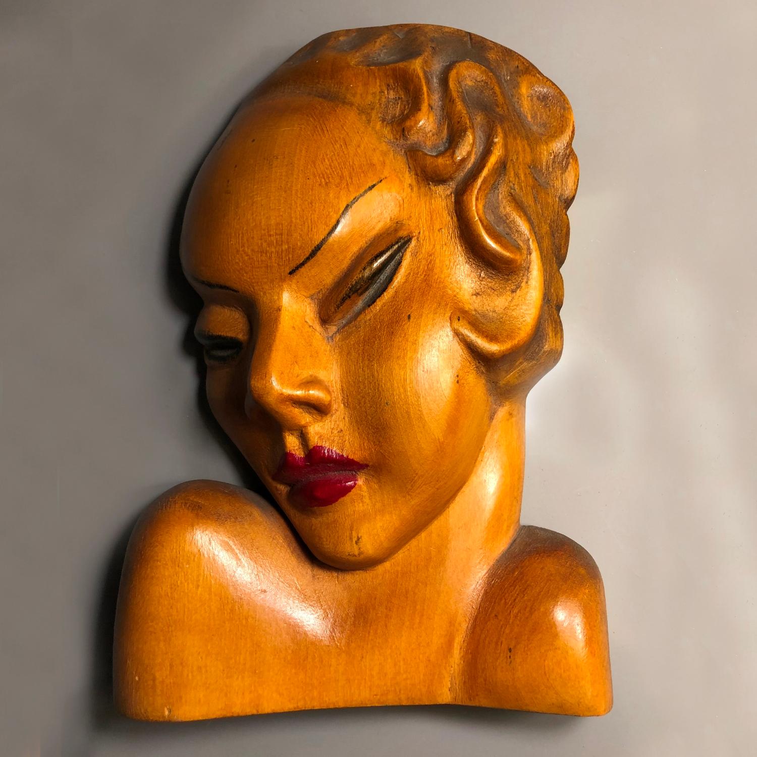Wood Art Deco Wall Mask, 1930s For Sale