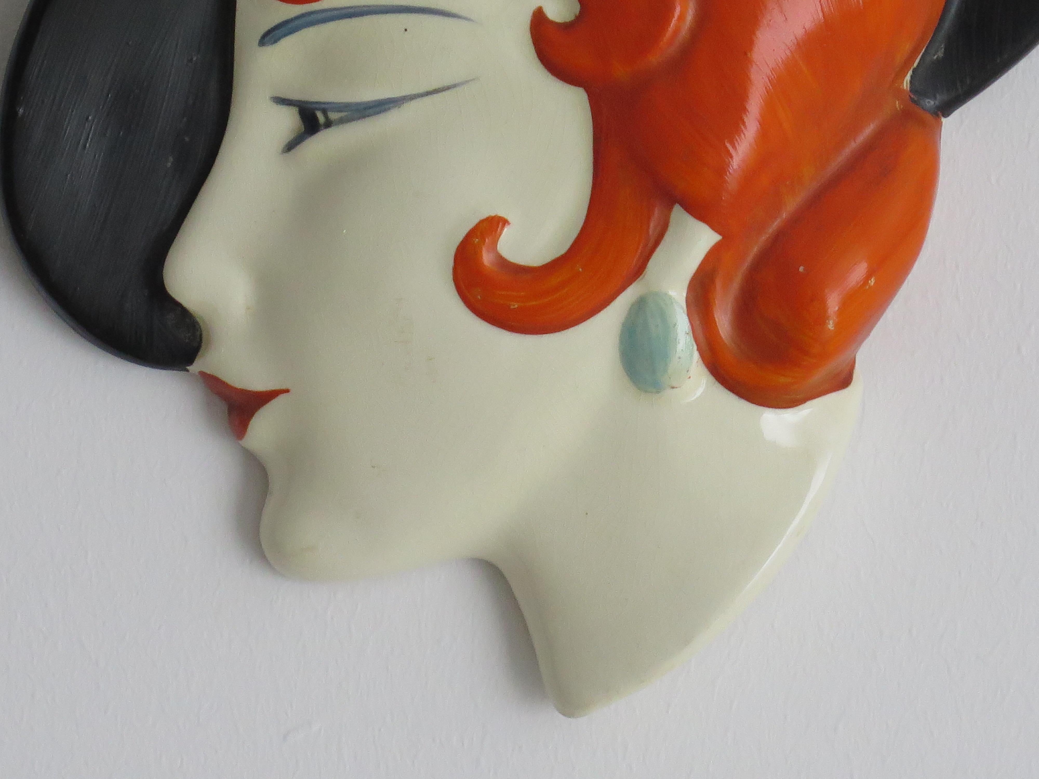 Hand-Painted Art Deco Wall Mask by Lancaster Pottery of Hanley Staffordshire, Circa 1930's
