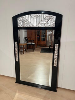 Art Deco Wall Mirror, Black Lacquer, Silver Leaf, France circa 1930