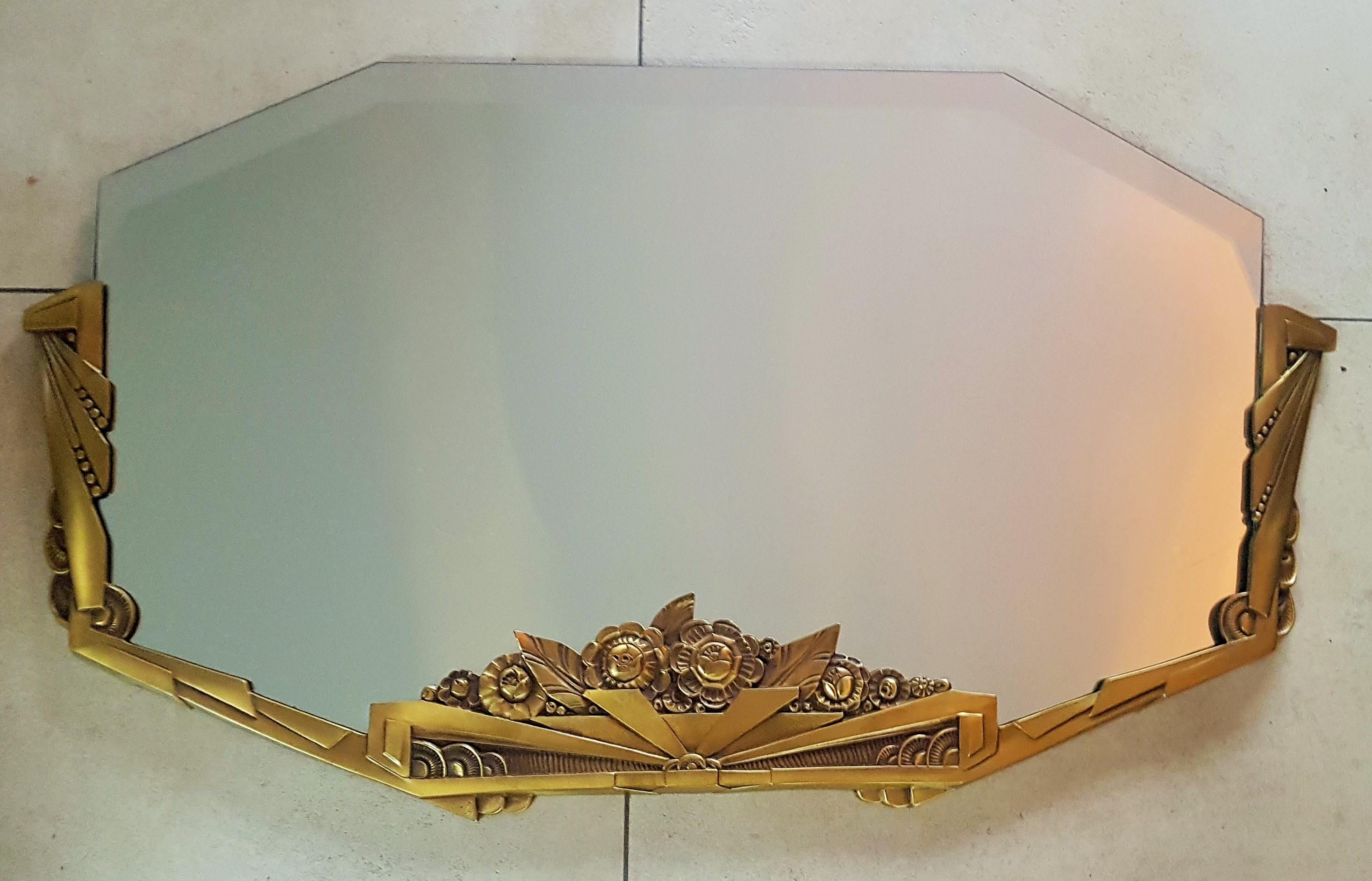 French Art Deco Wall Mirror Bronze Brass with Flower Decor, France 1930s