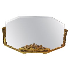Art Deco Wall Mirror Bronze Brass with Flower Decor, France 1930s