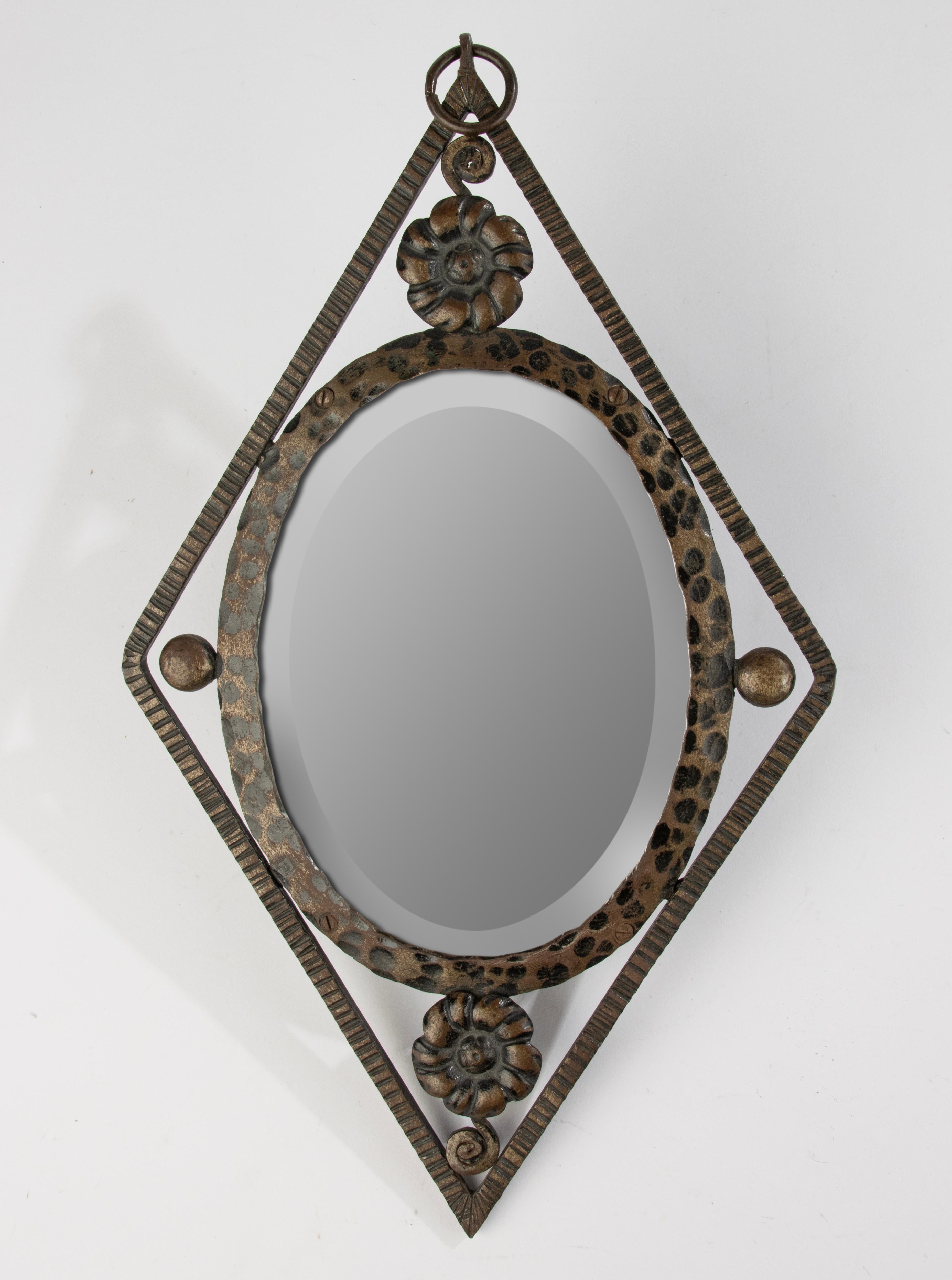 French Art Deco Wall Mirror -  Diamond Shape - Wrought Iron